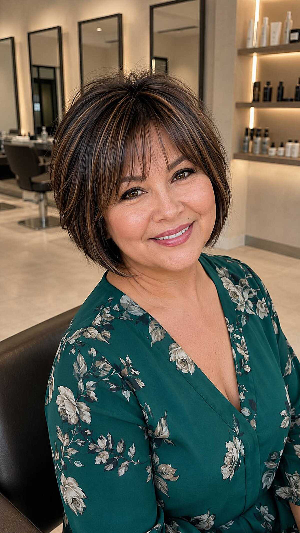 Textured brunette chin-length bob with wispy bangs
