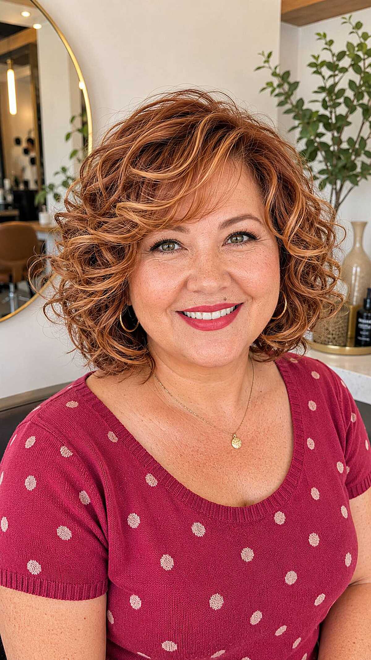 Warm copper curly bob with golden highlights on curvy woman