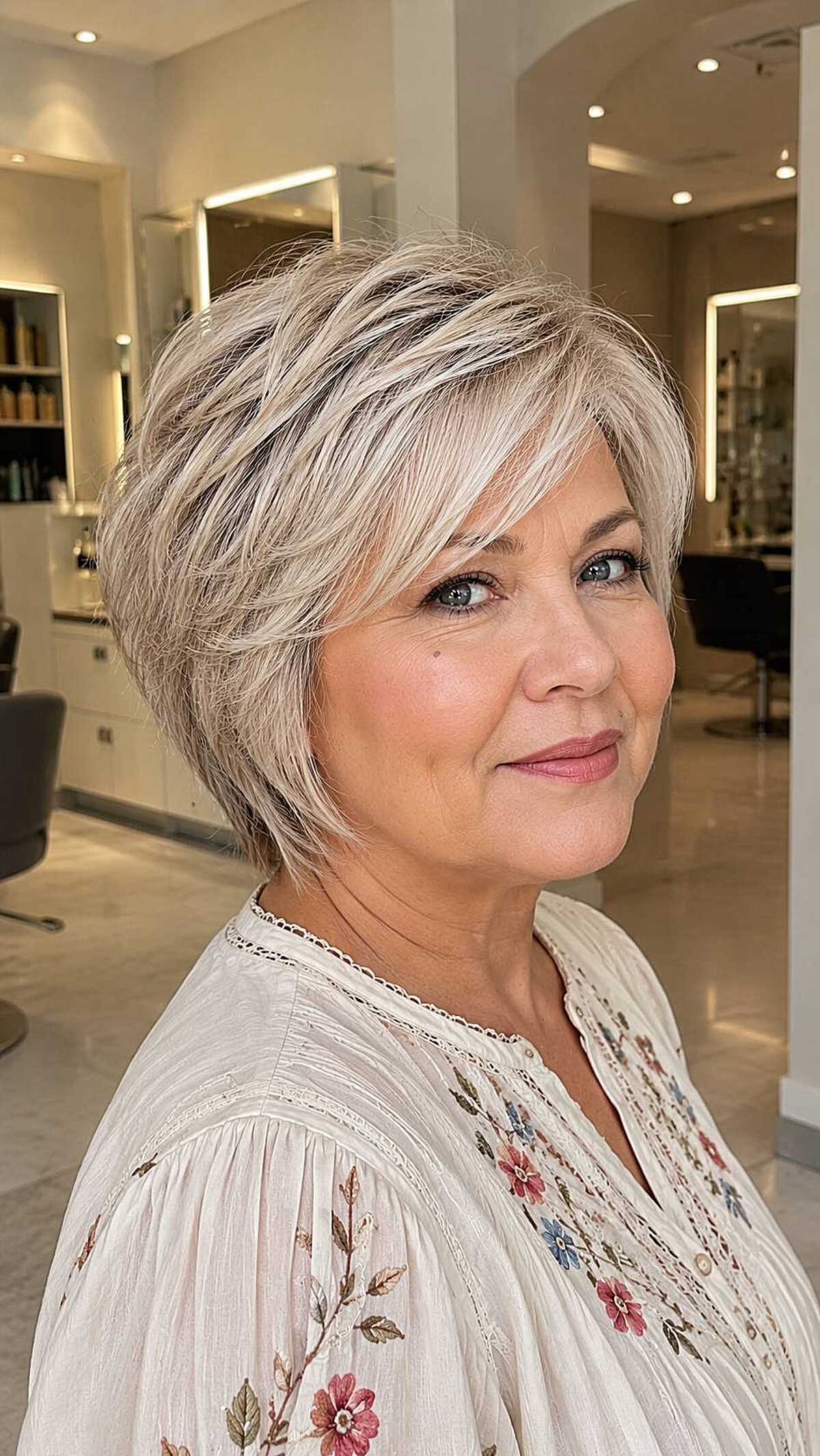 Feathered ash blonde short cut with sweeping side layers