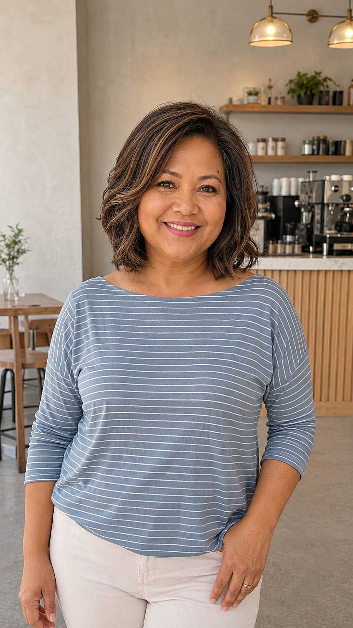 Casual shoulder-length brunette lob with caramel pieces
