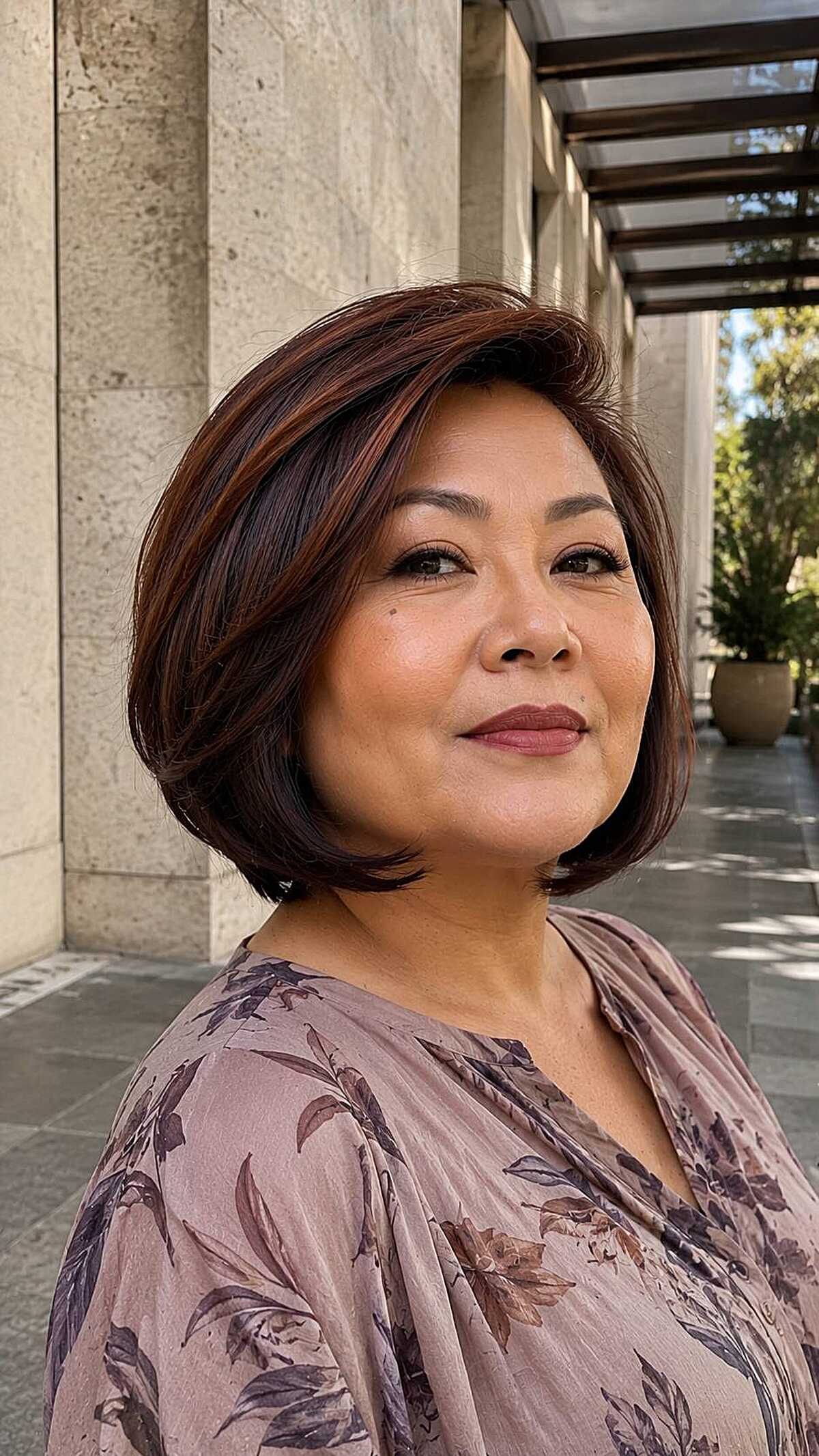 Polished dark brunette bob with warm auburn highlights