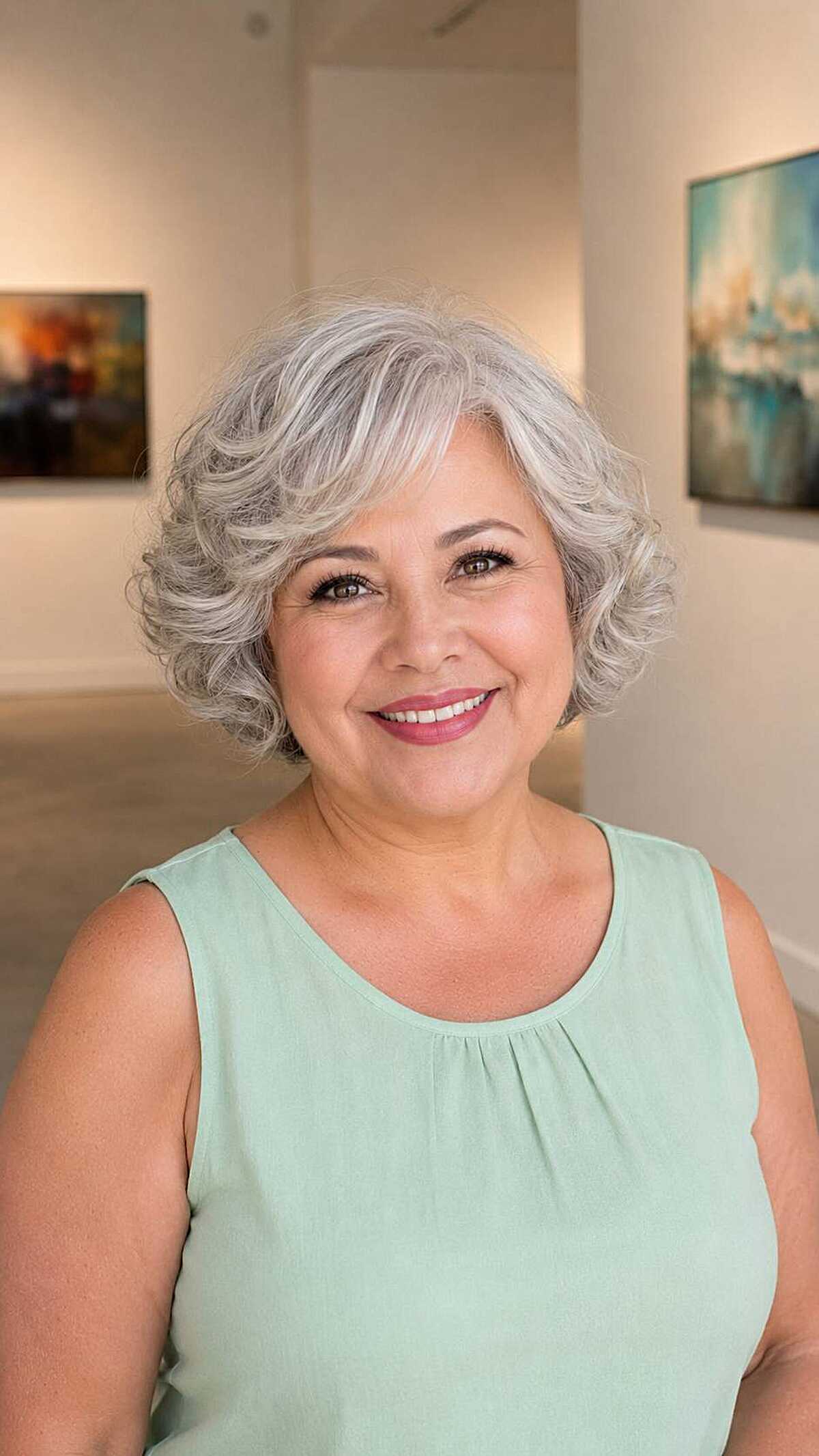 Silver curly chin-length bob with vintage-inspired waves