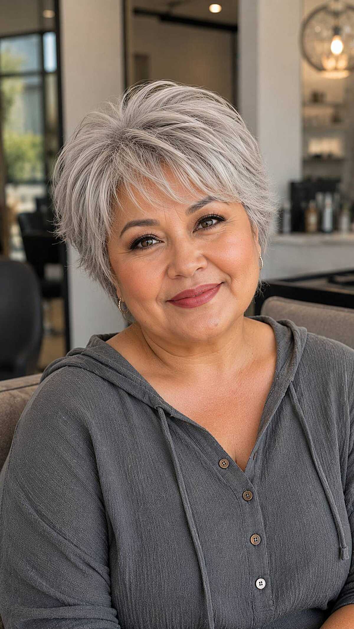 Silver-lavender toned textured pixie on a curvy woman