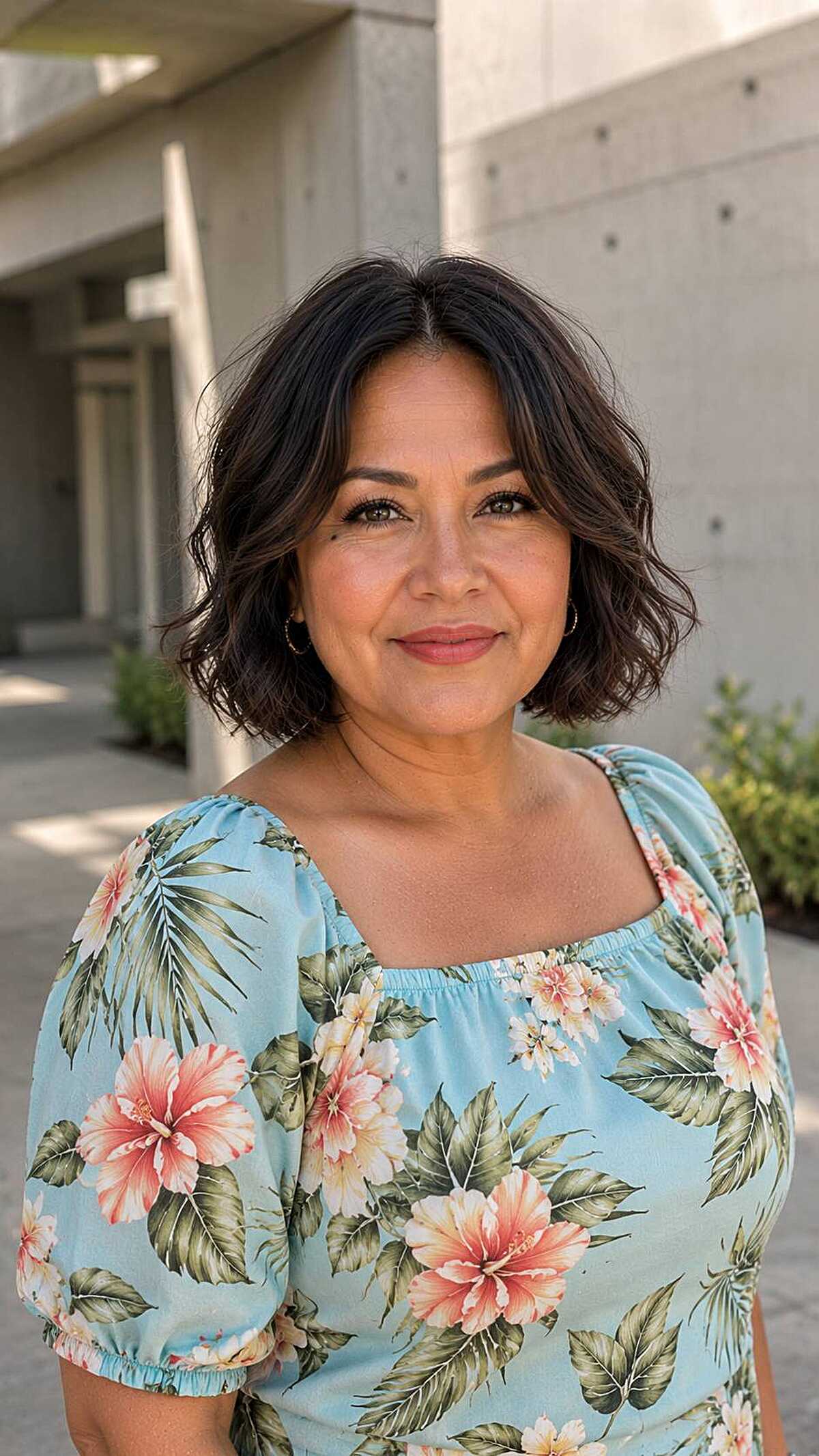 Dark brunette chin-length wavy bob with soft texture