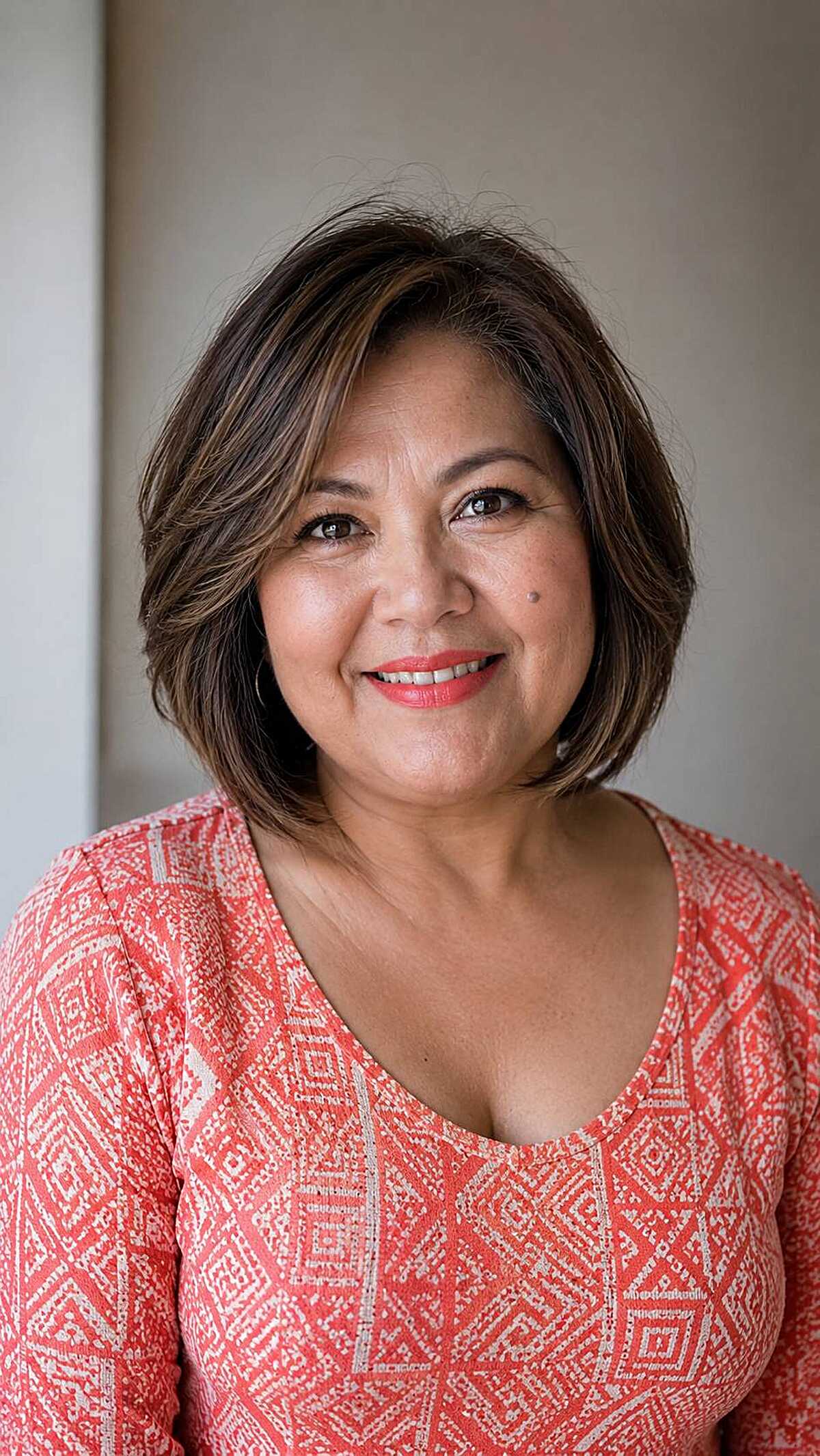 Soft brunette bob with wispy layers and side-swept fringe