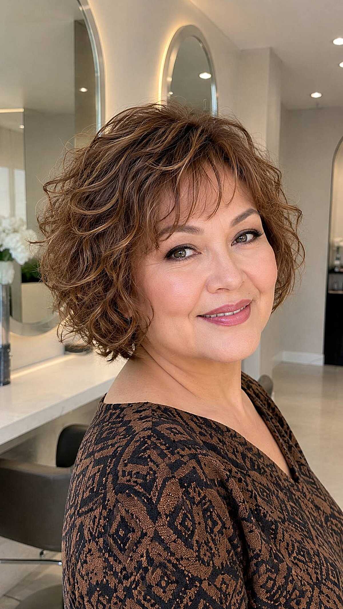 Tousled curly brunette bob with warm caramel highlights