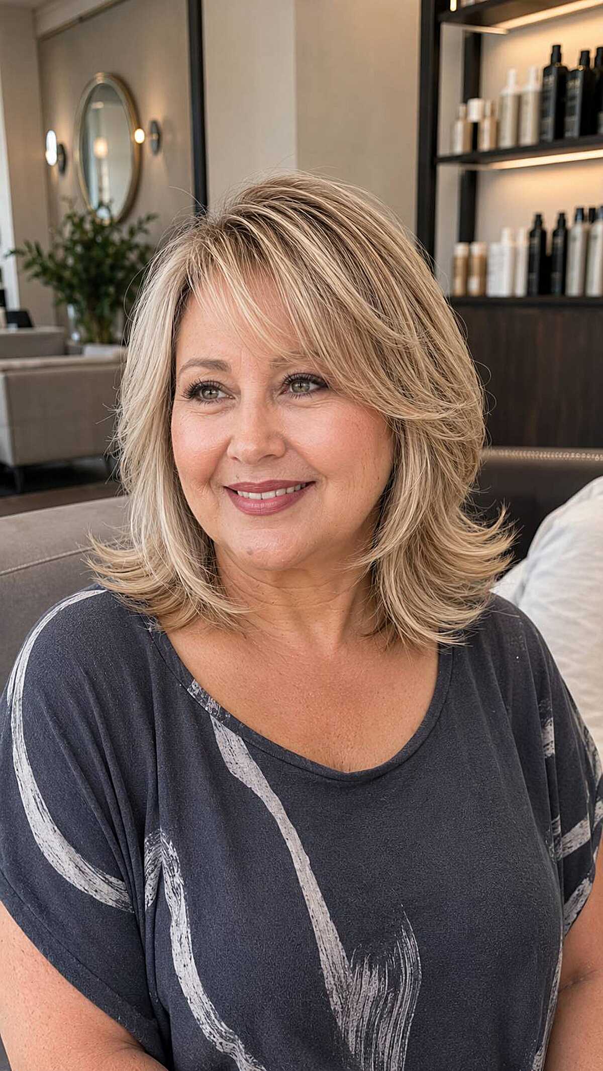 Warm blonde shoulder-length feathered layers with side part