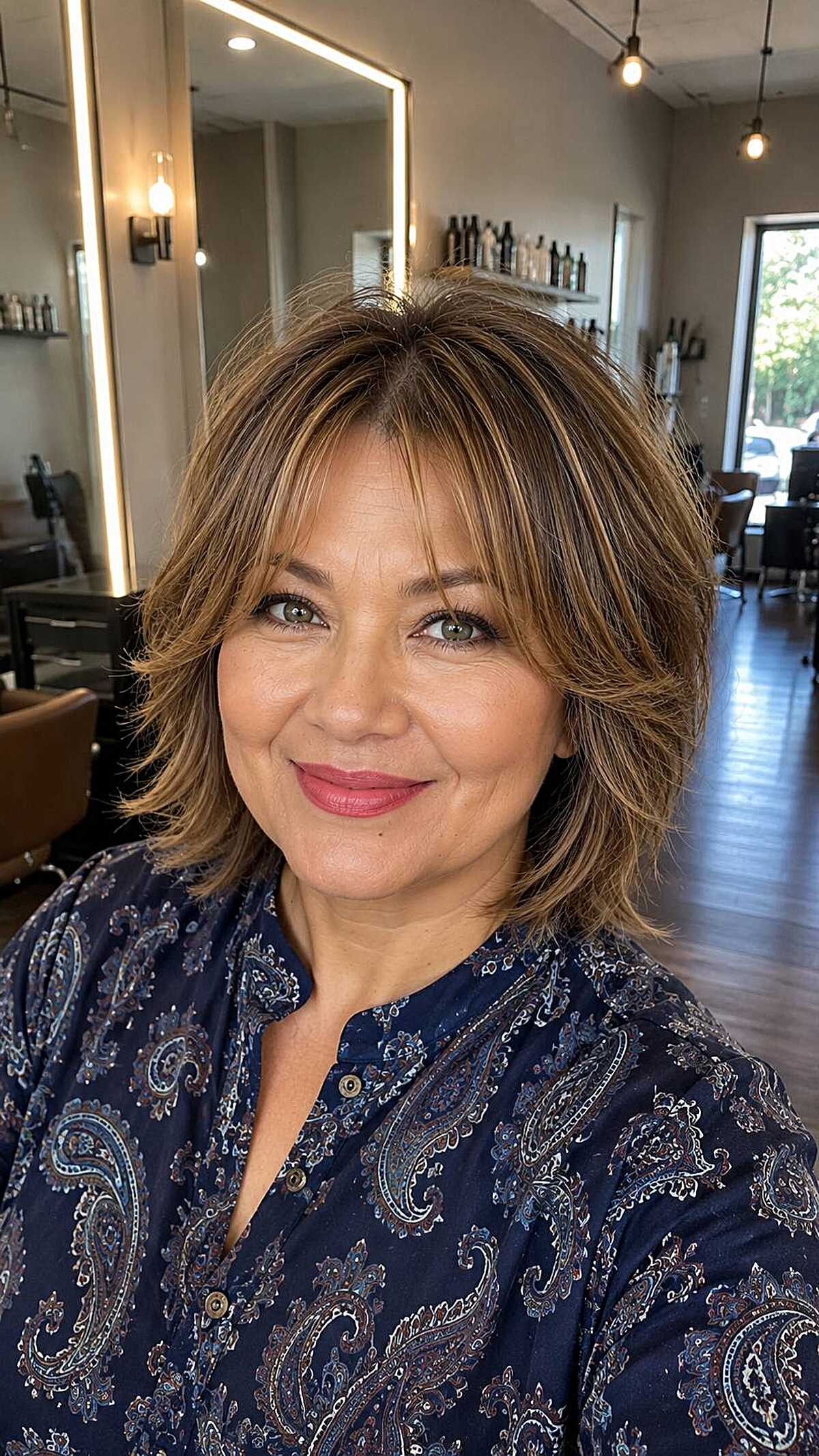 Warm brunette shaggy layered bob with tousled movement