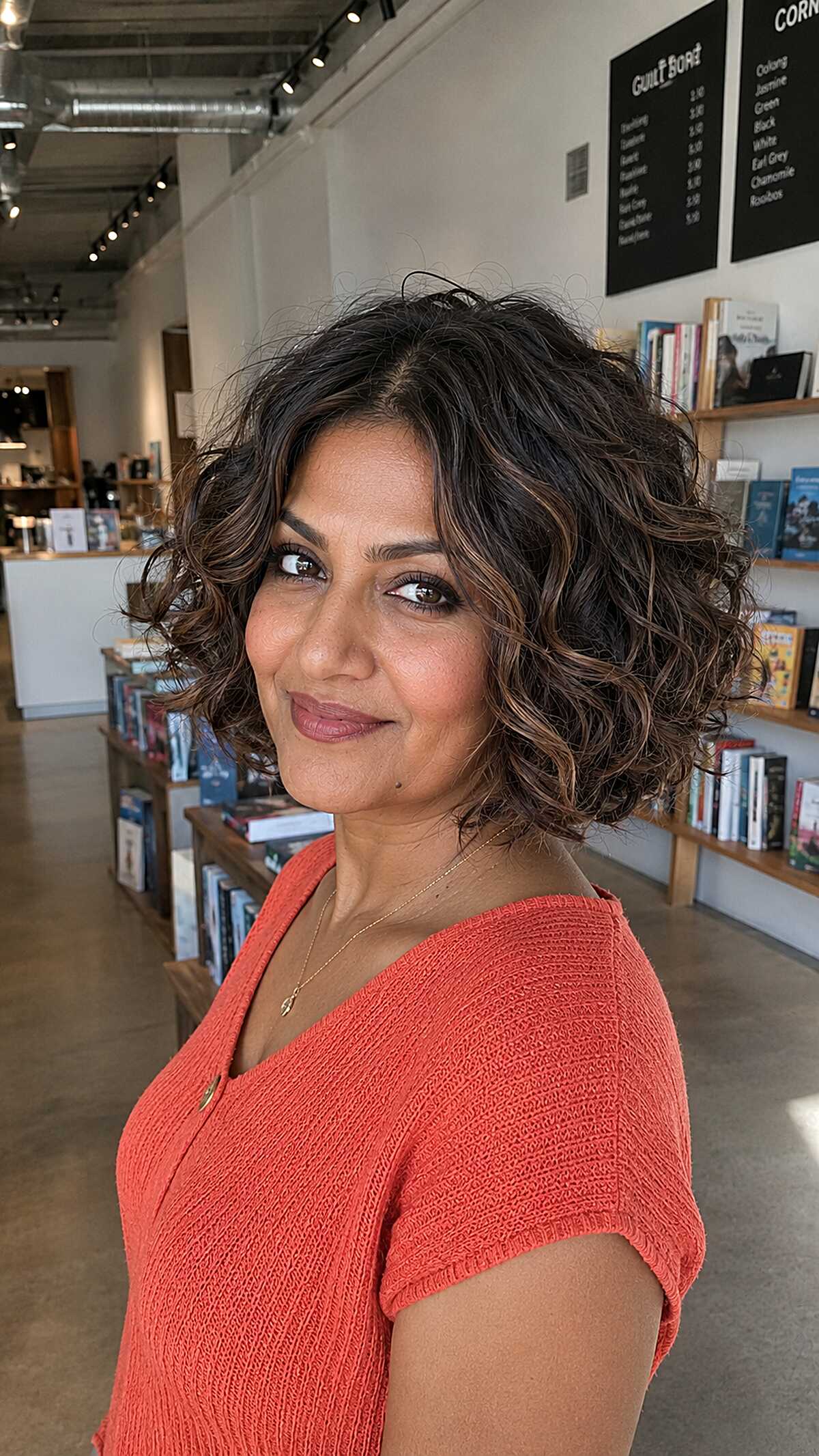 Full-Bodied Curly Jaw Bob with Warm Caramel Curl Tips