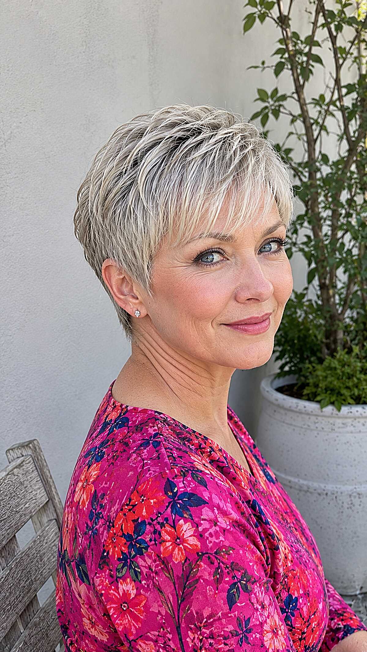 Icy blonde layered micro pixie with textured crown
