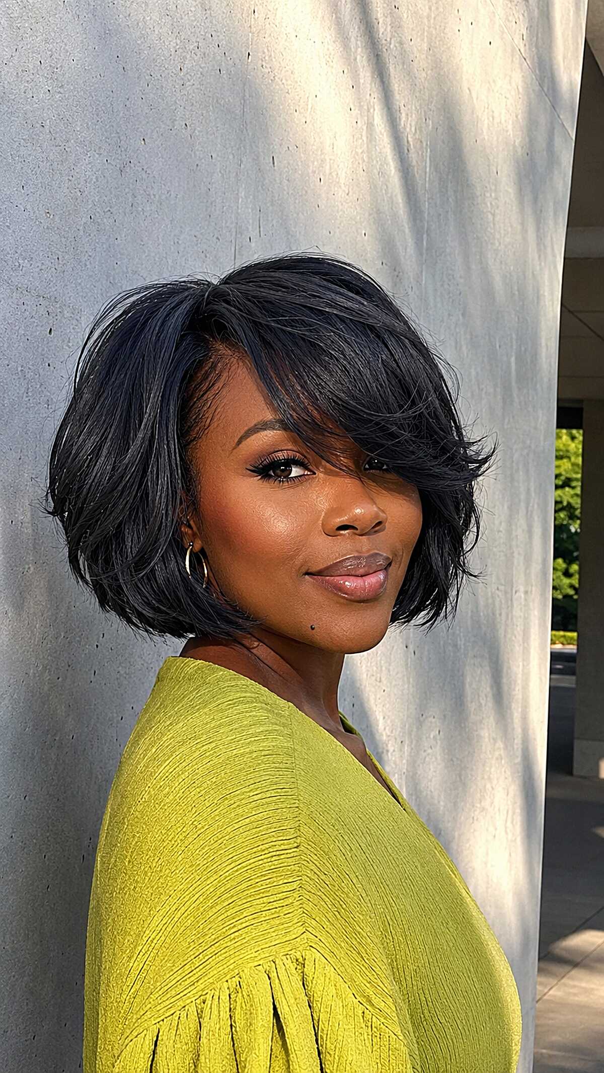 Jet Black Jaw Bob with Feathered Flippy Ends and Side-Swept Layers