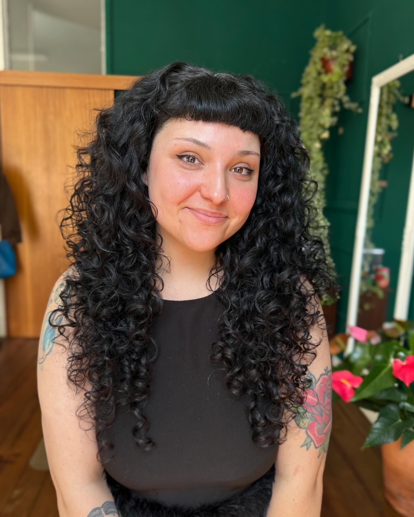 Jet Black Long Curly Wolf with Blunt Micro Bangs