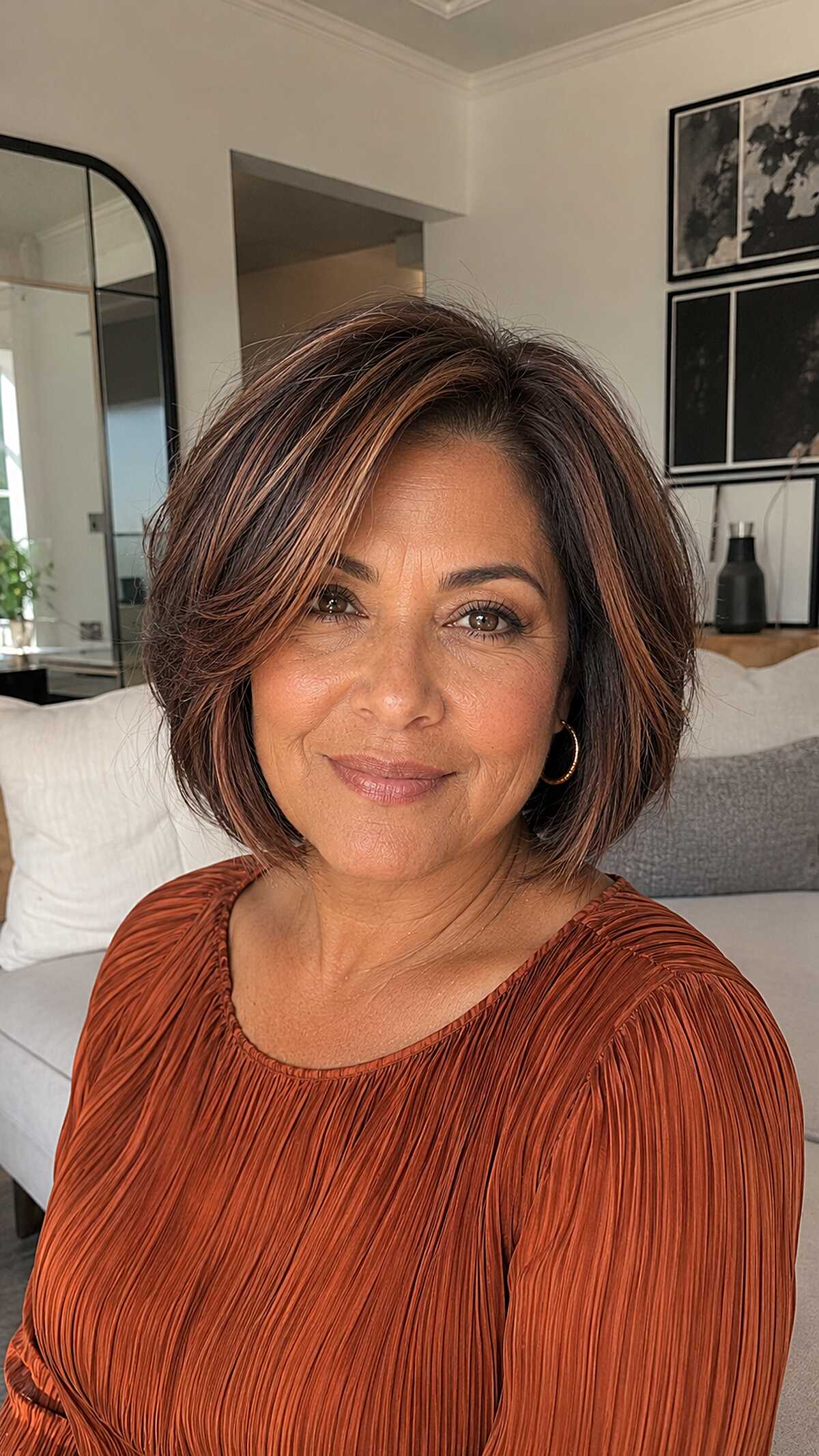 Layered Dark Brunette Jaw Bob with Warm Cinnamon Highlights