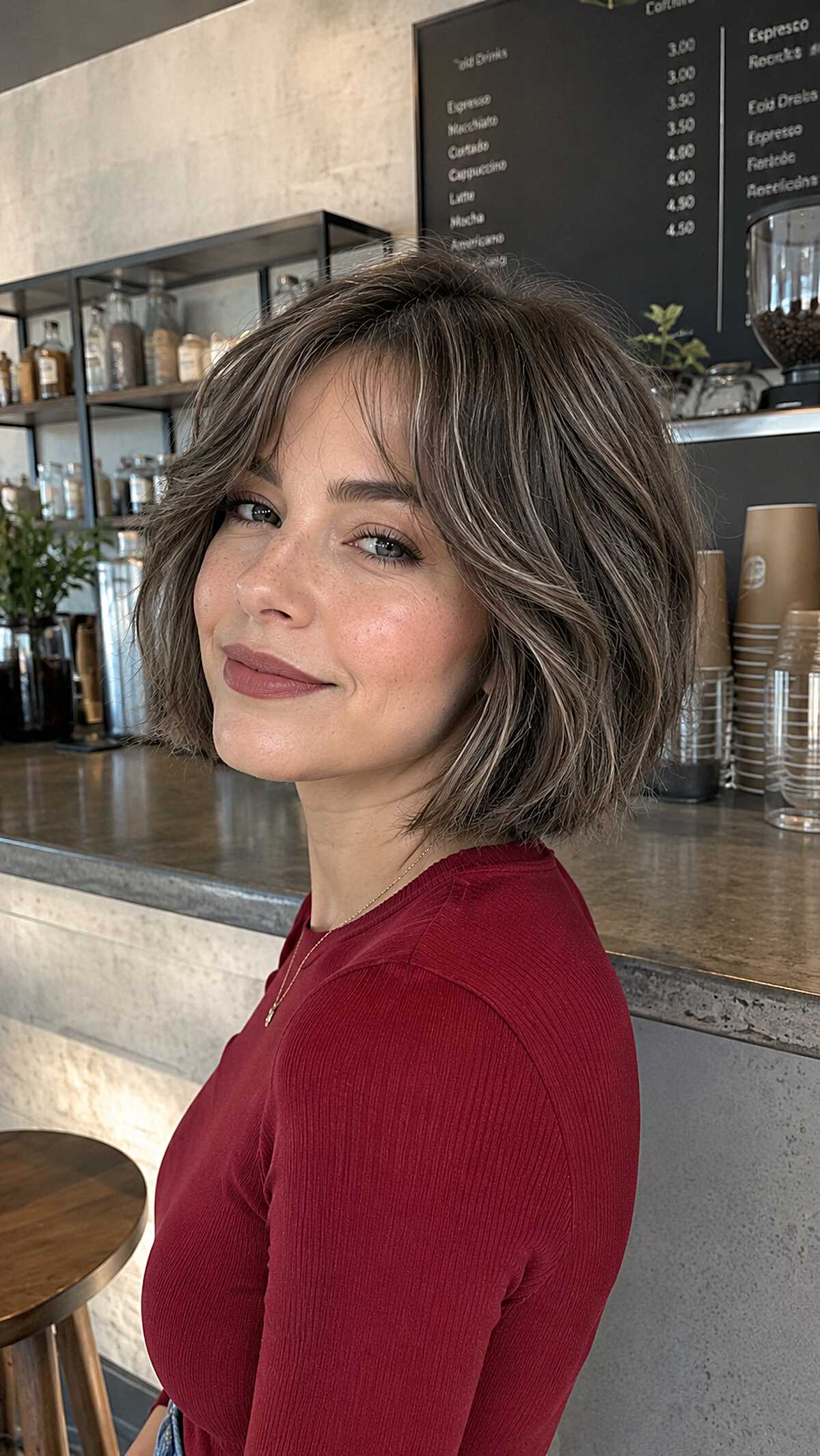 Mushroom Brown Jaw Bob with Bent Ends and Soft Parted Fringe