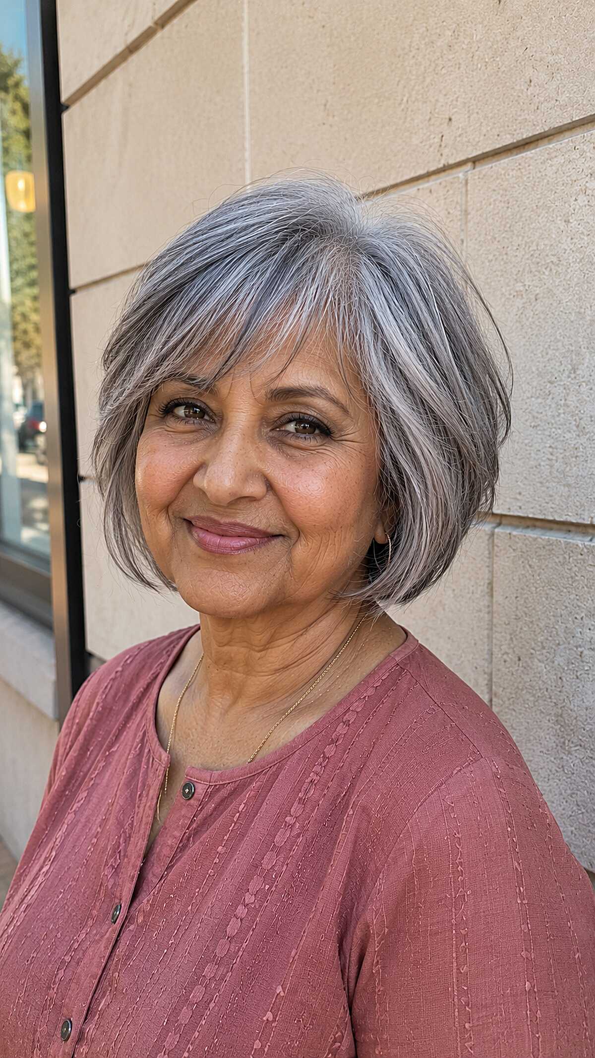 Natural Gray Jaw Bob with Graduated Back and Wispy Side-Swept Fringe