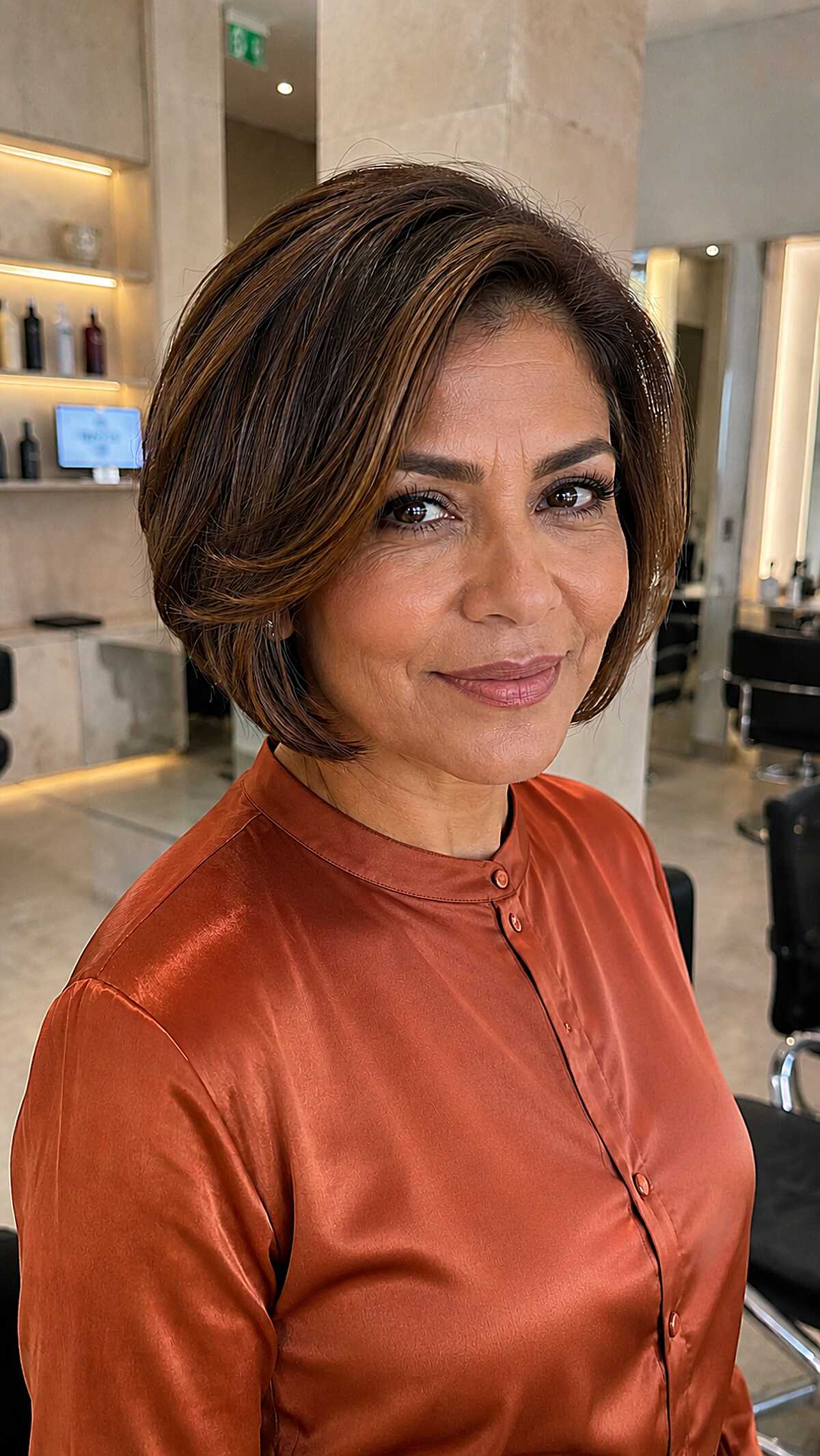 Polished Brunette Jaw Bob with Warm Toffee Accent Pieces