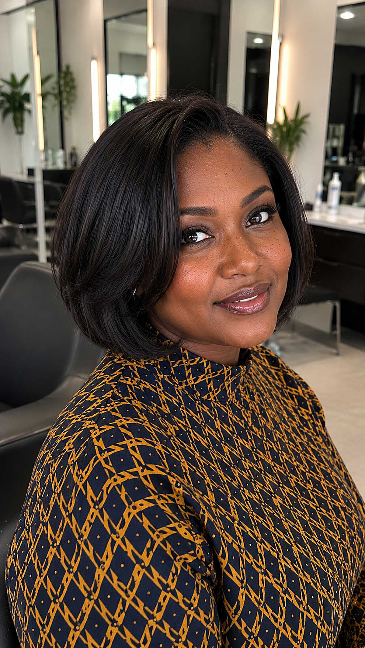 Polished dark chin-length bob with soft bend at ends