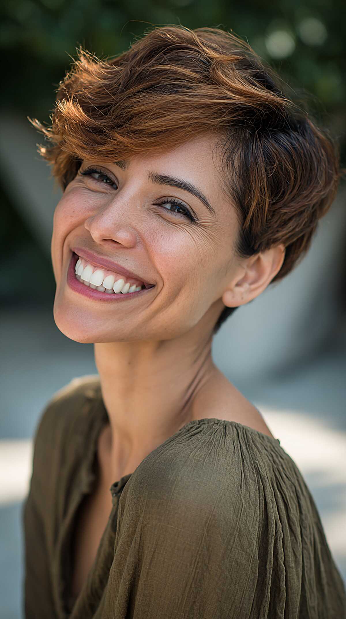 Russet-Toned Textured Pixie with Backlit Copper Pieces