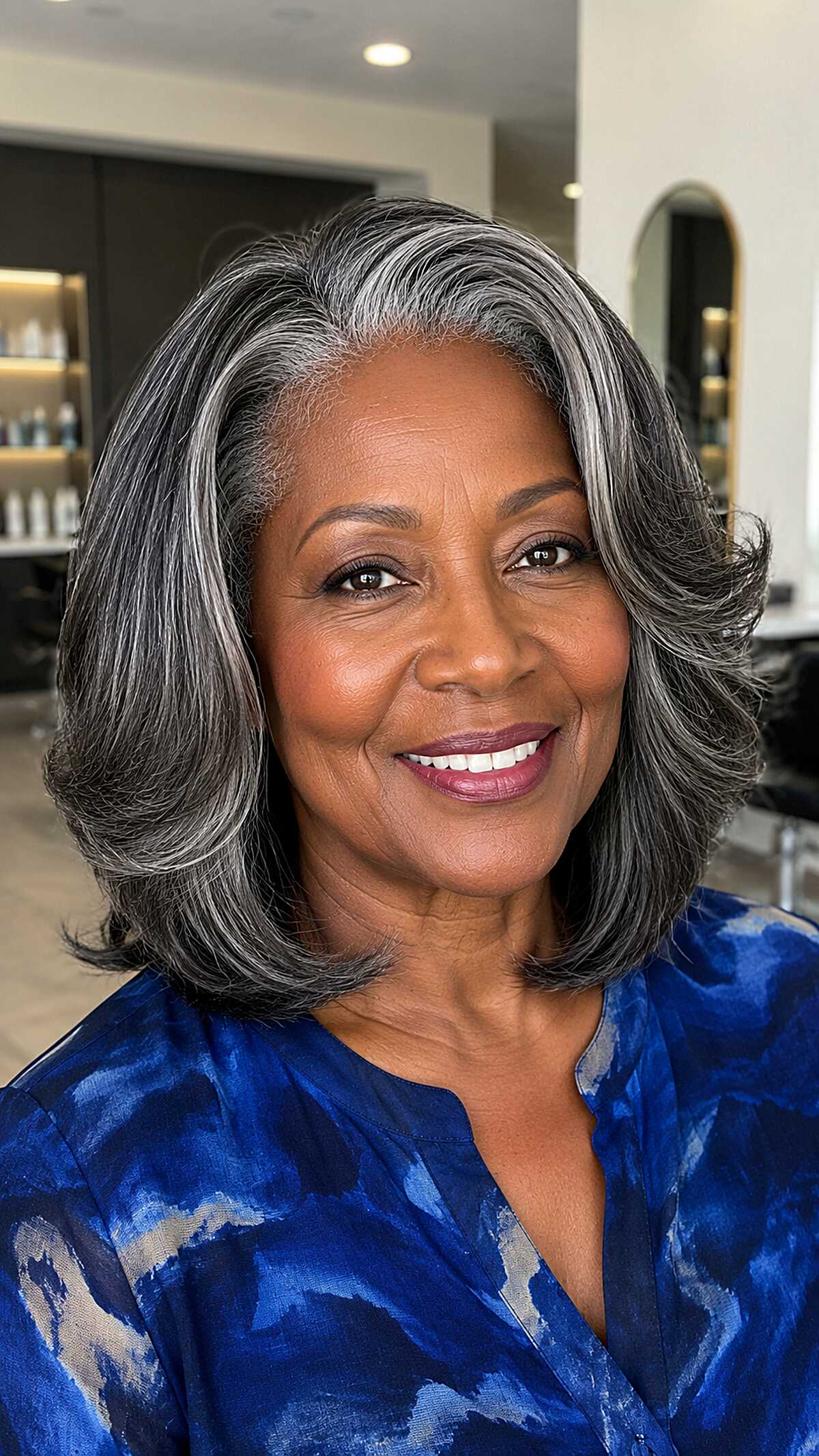 Salt-and-Pepper Blown-Out Bob with Curved Framing Layers