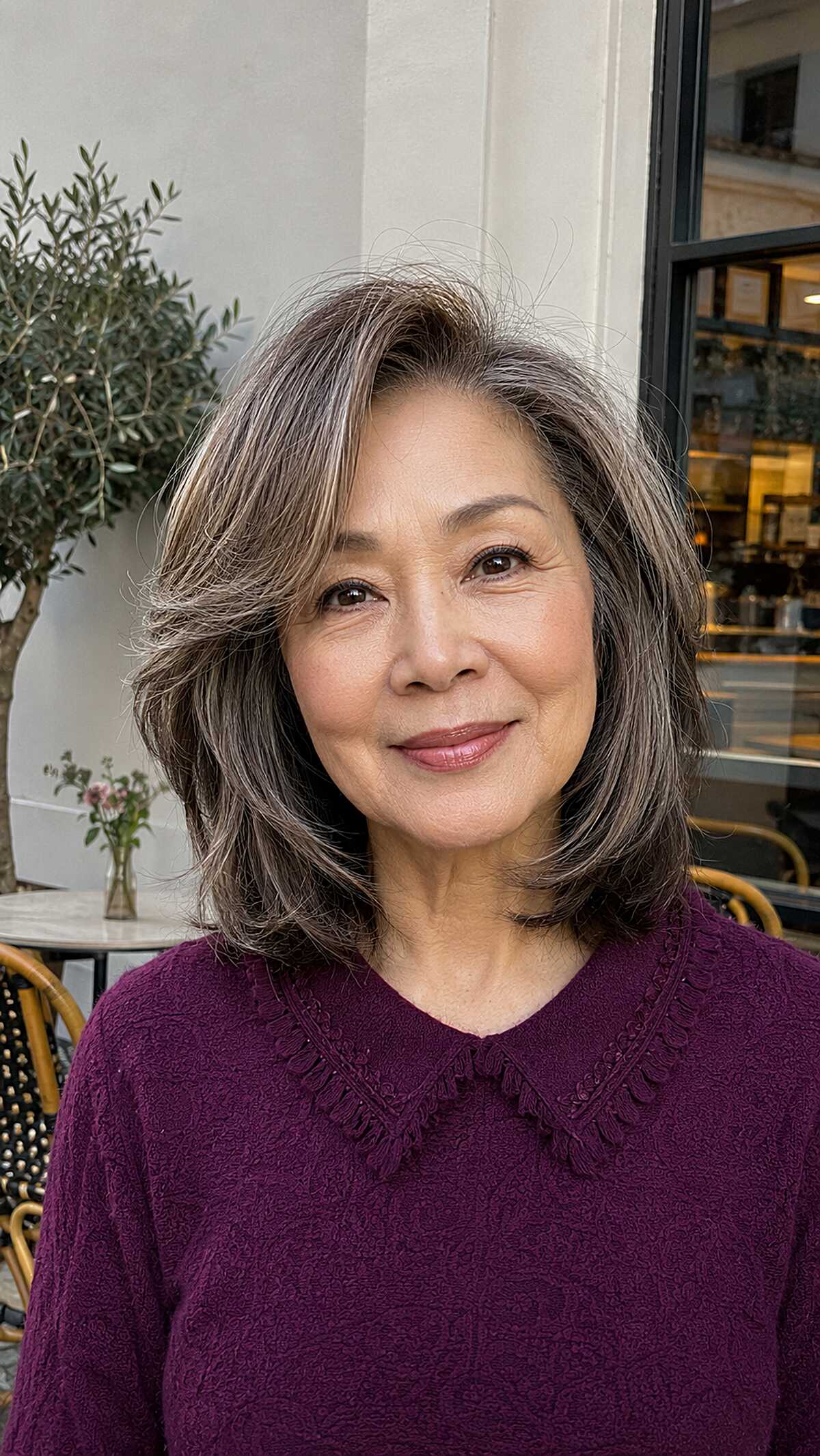Salt-and-Pepper Shoulder Bob with Swept Layered Framing