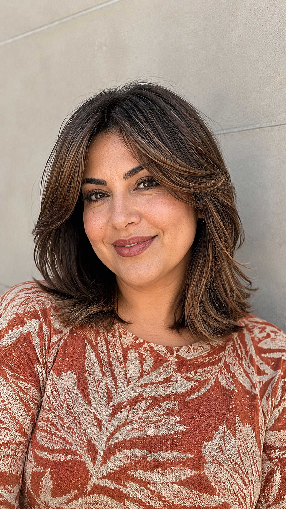 Shoulder-length lob with caramel balayage and layers