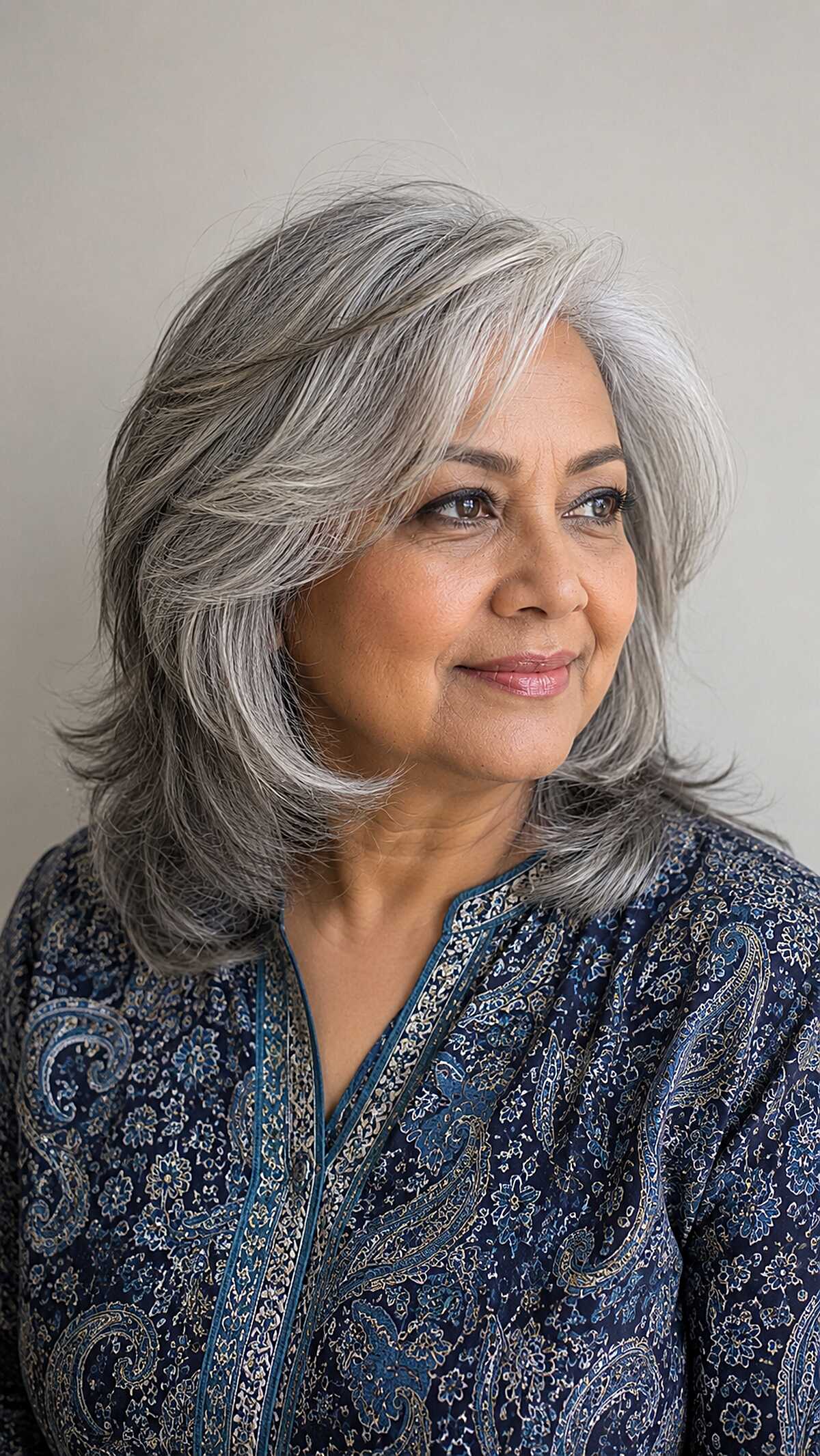Silver gray layered lob with deep side part