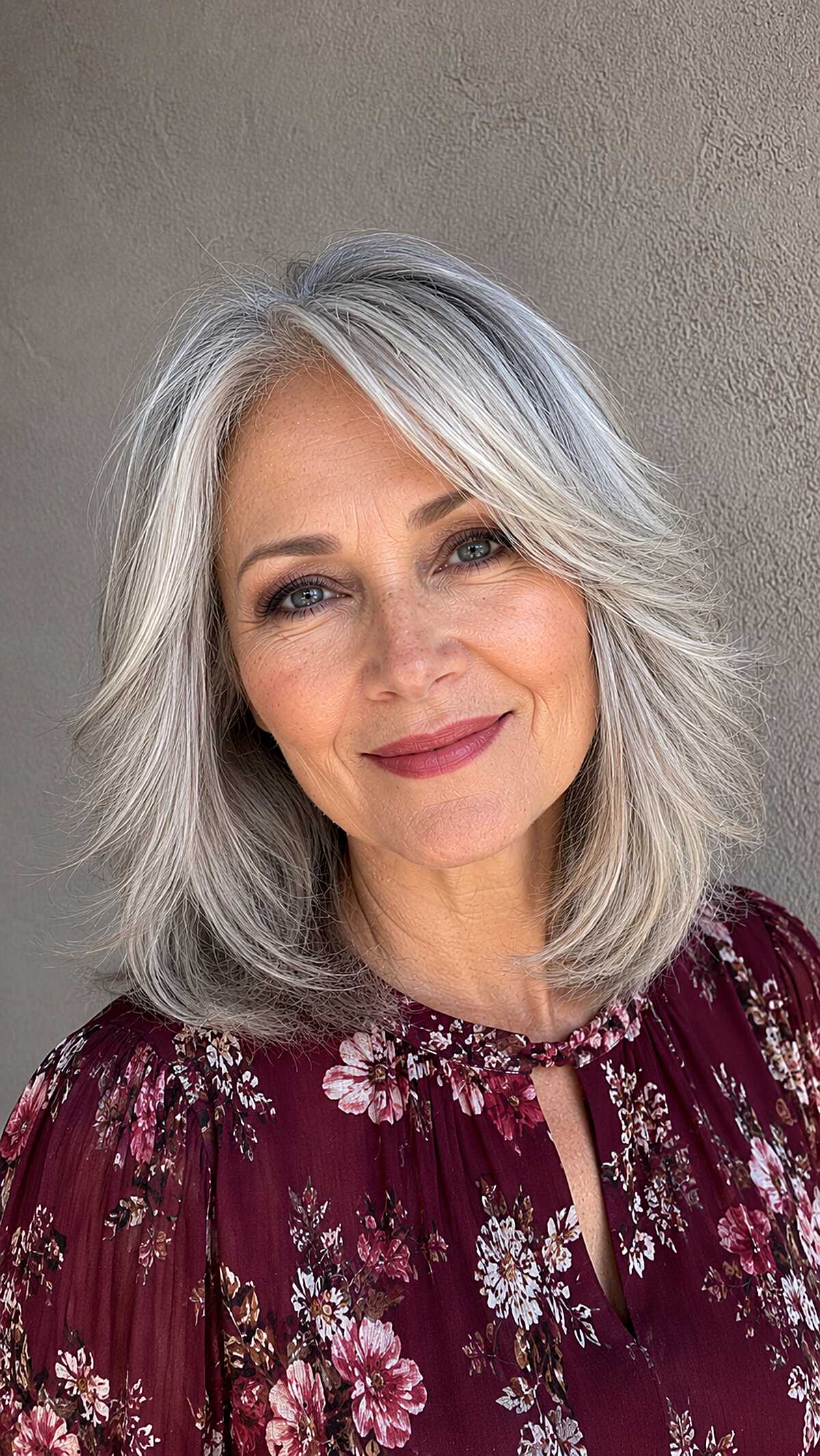 Silver Shoulder-Length Cut with Swept Curtain Framing