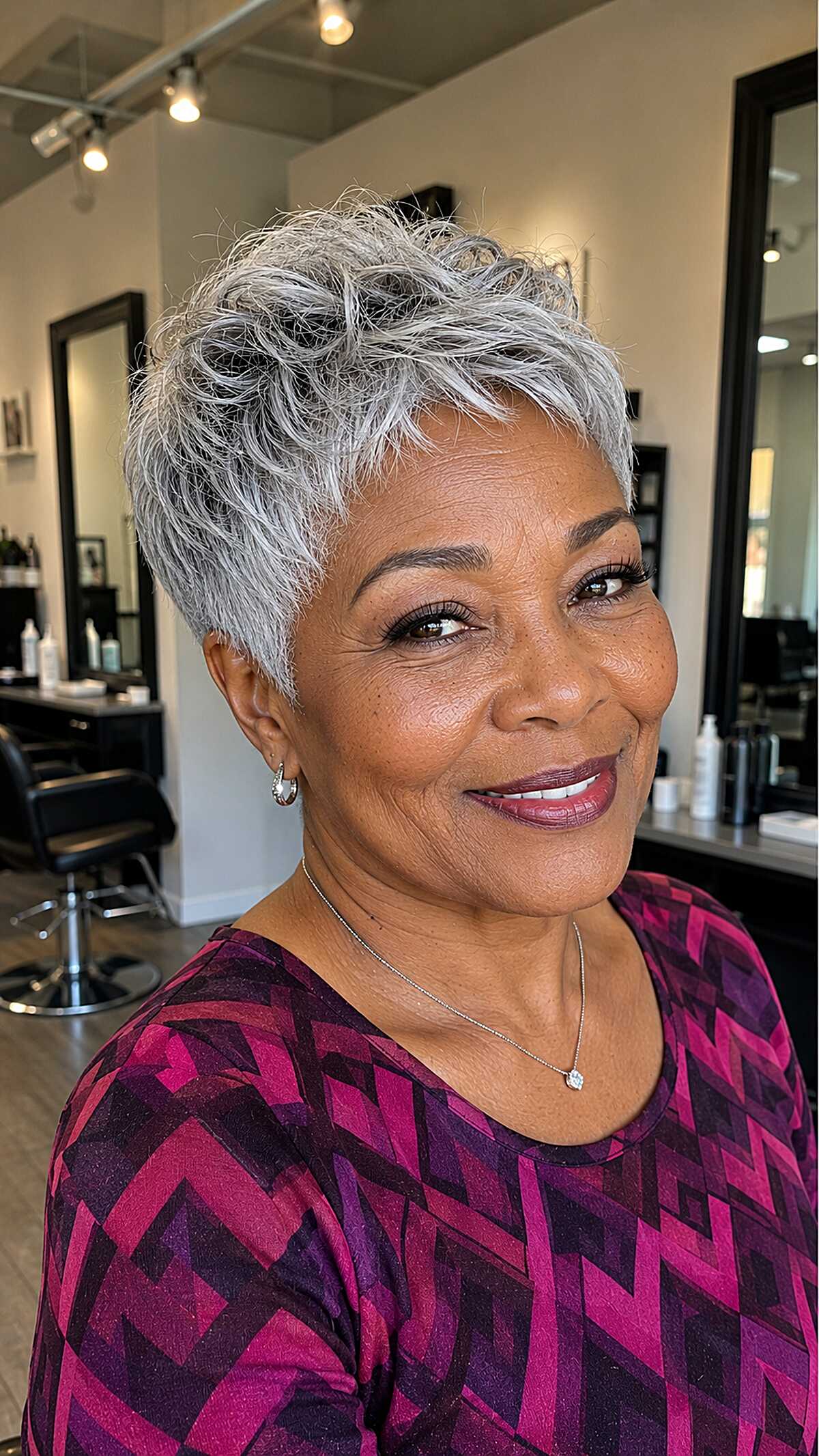 Silver gray wavy micro pixie with natural curls