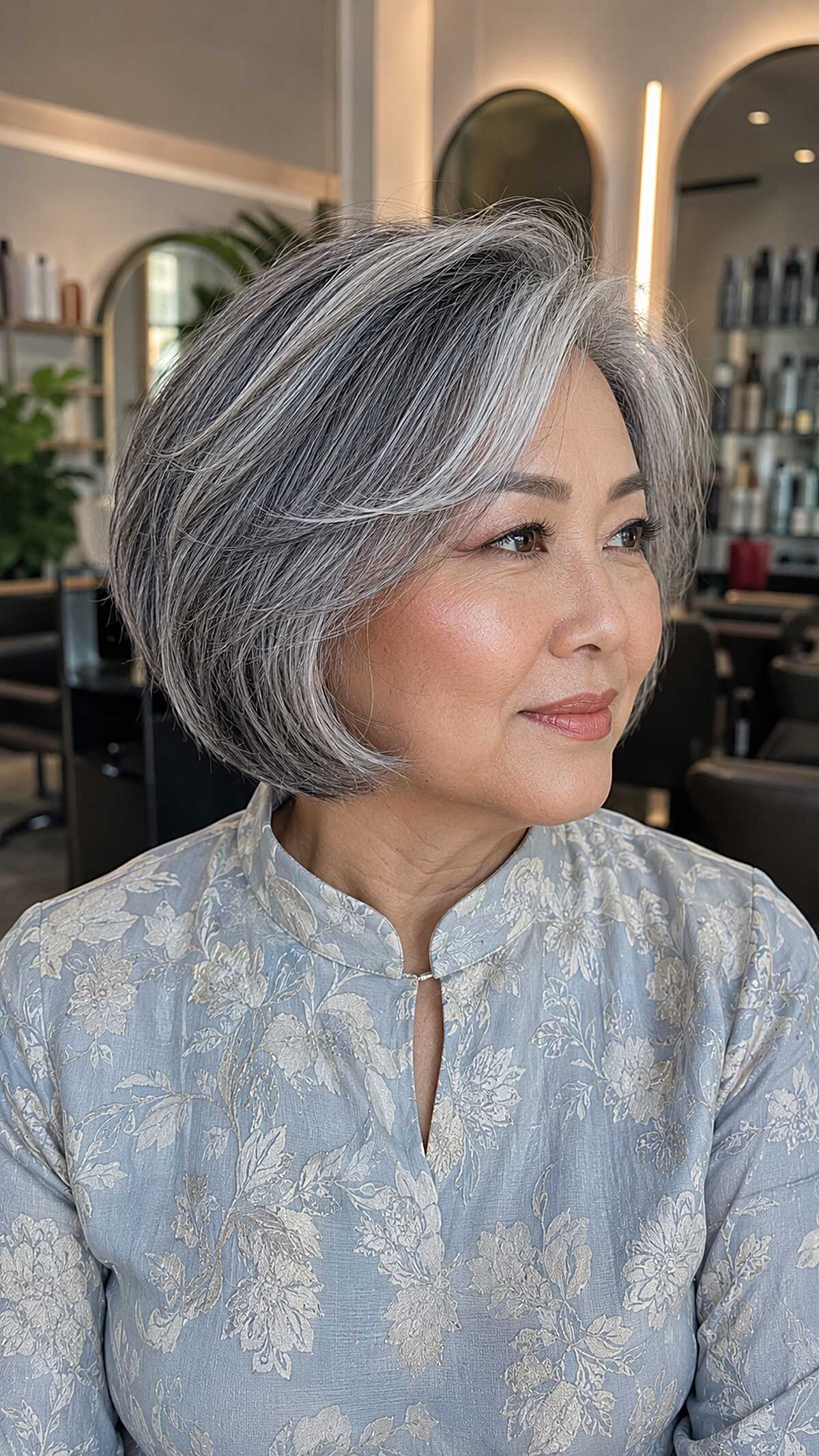 Sleek gray chin-length bob with dark roots