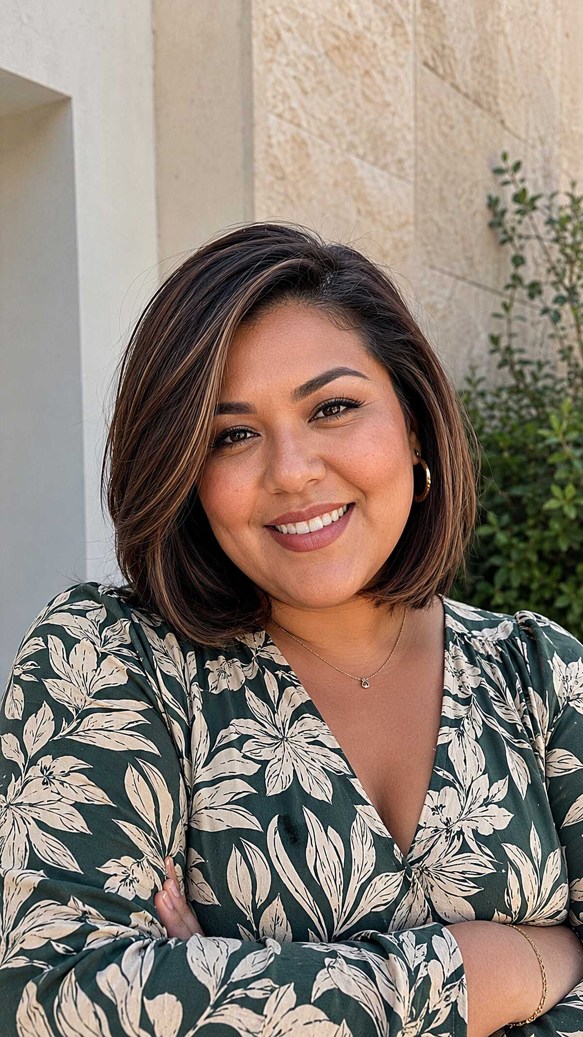 Sleek jaw-length dark bob with subtle caramel highlights