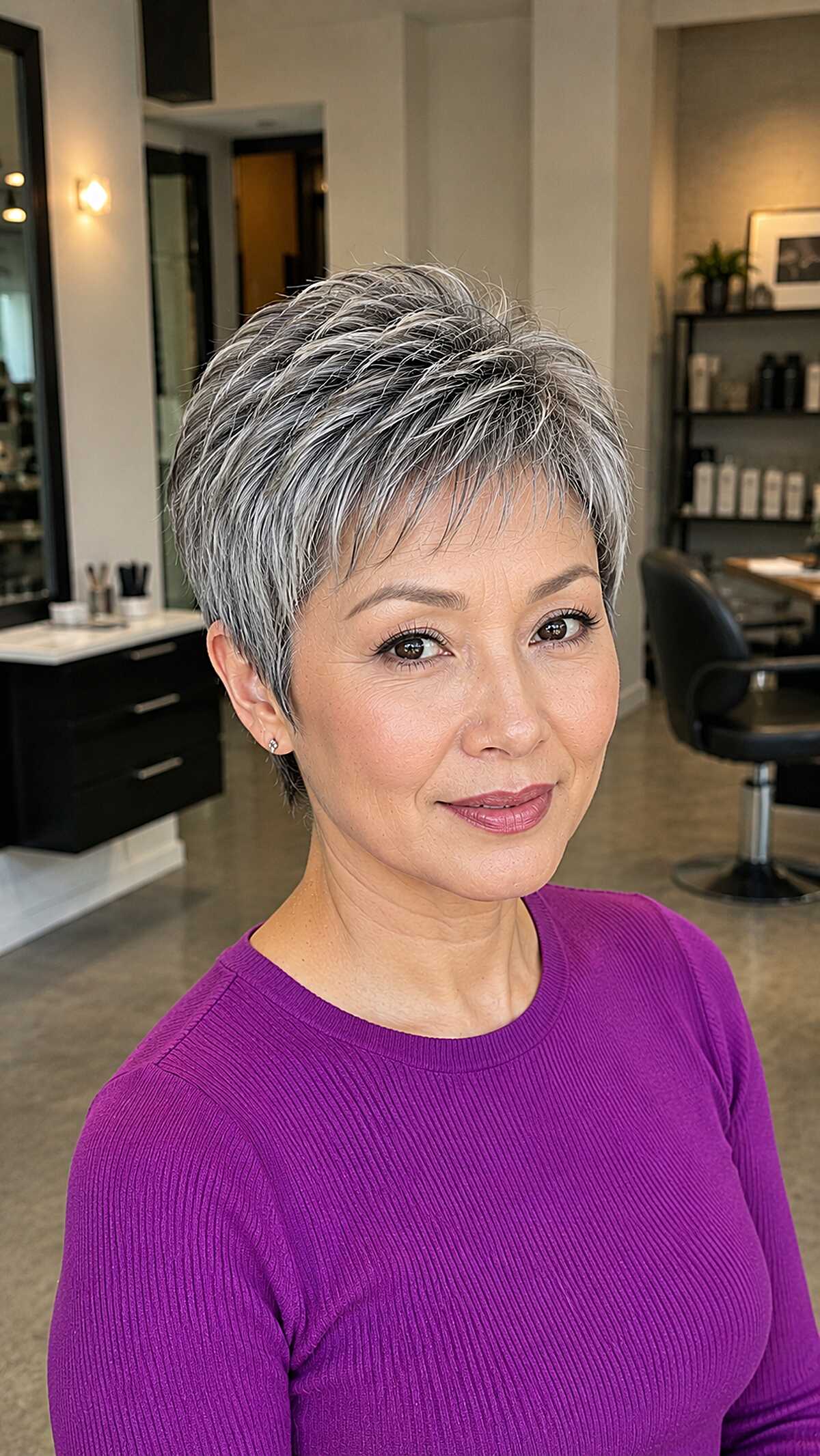 Sleek silver and gray layered micro pixie cut