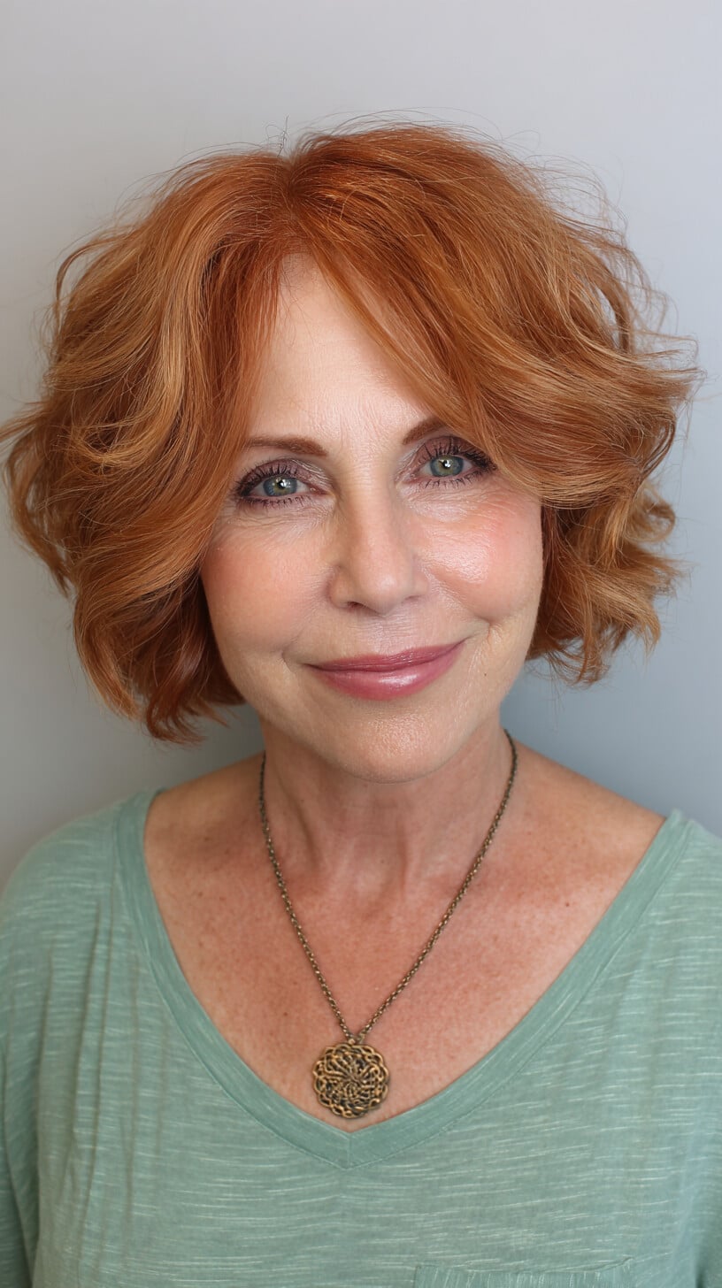 Soft Copper Chin-Length Bob with Loose Natural Curl