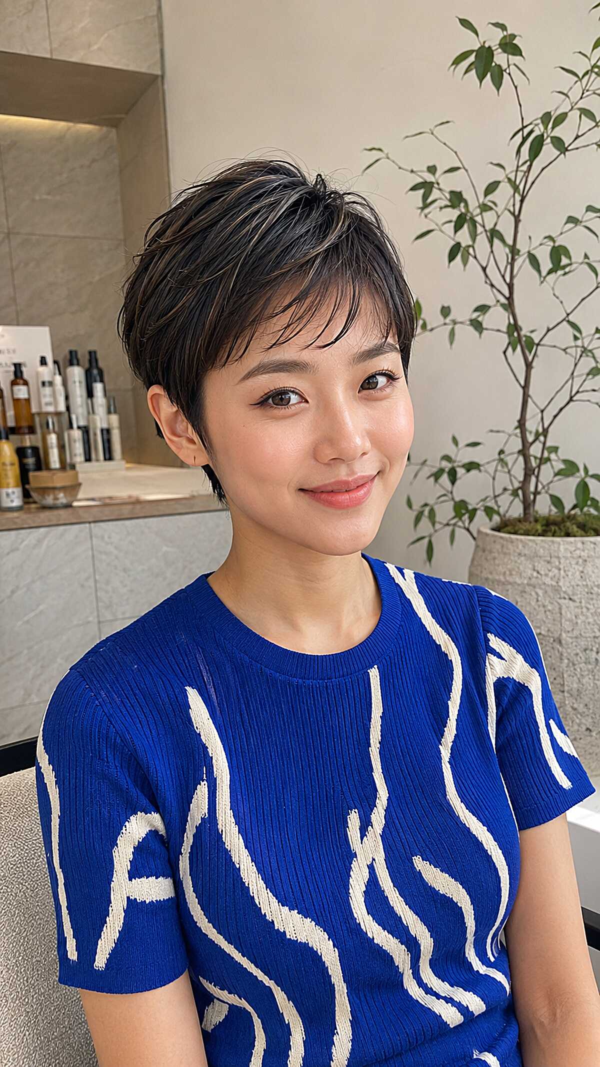 Soft layered brunette micro pixie with subtle side part