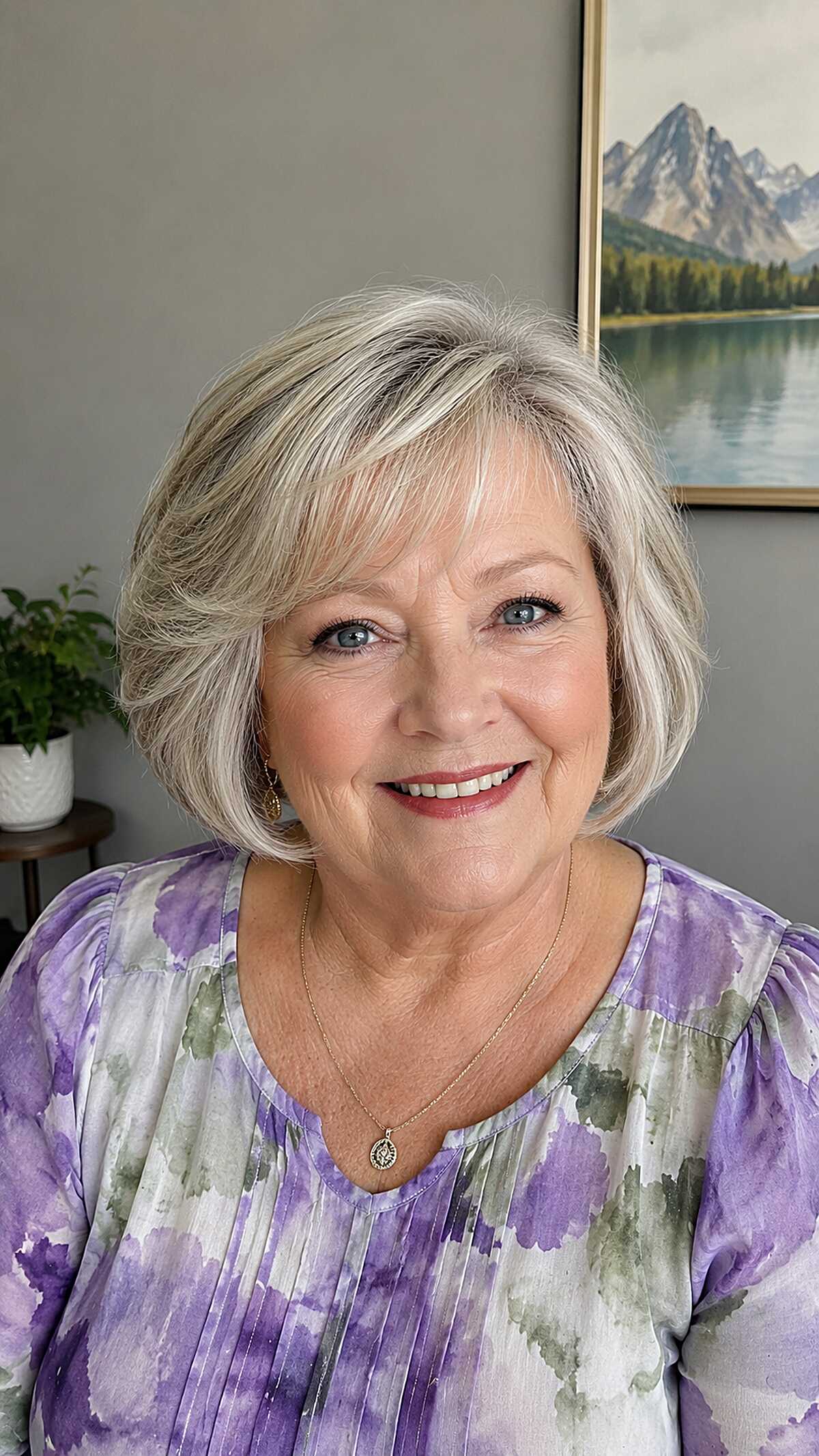 Soft platinum blonde bob with side-swept bangs