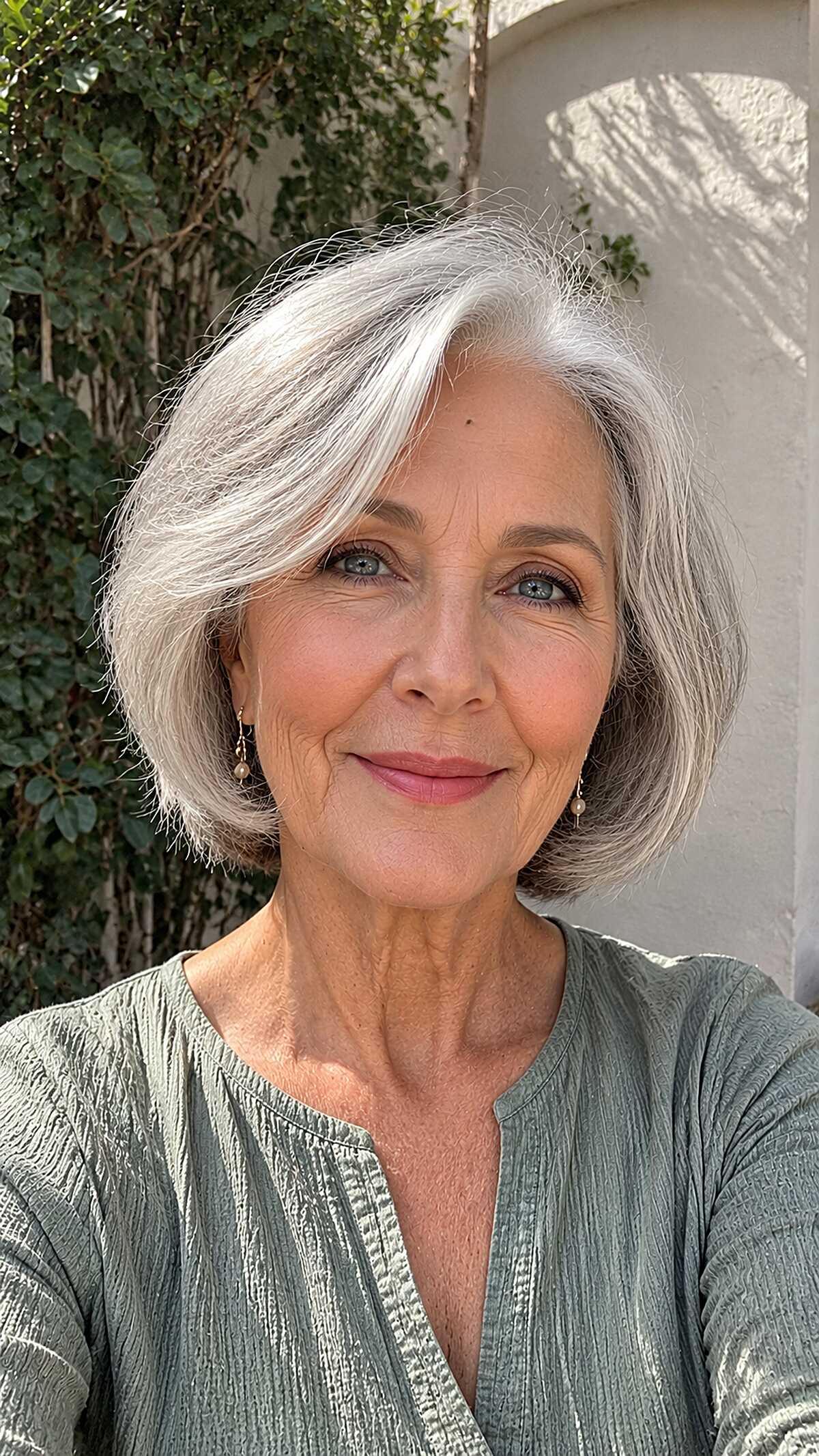 Soft Silver Jaw Bob with Swept Side Part and Feathered Perimeter