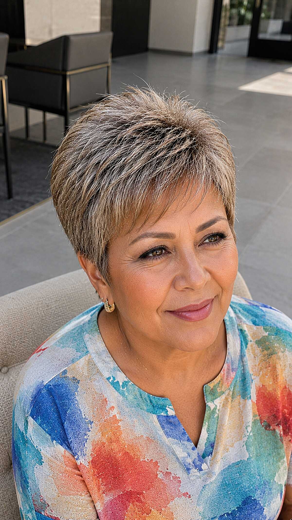 Spiky ash blonde micro pixie with feathered layers