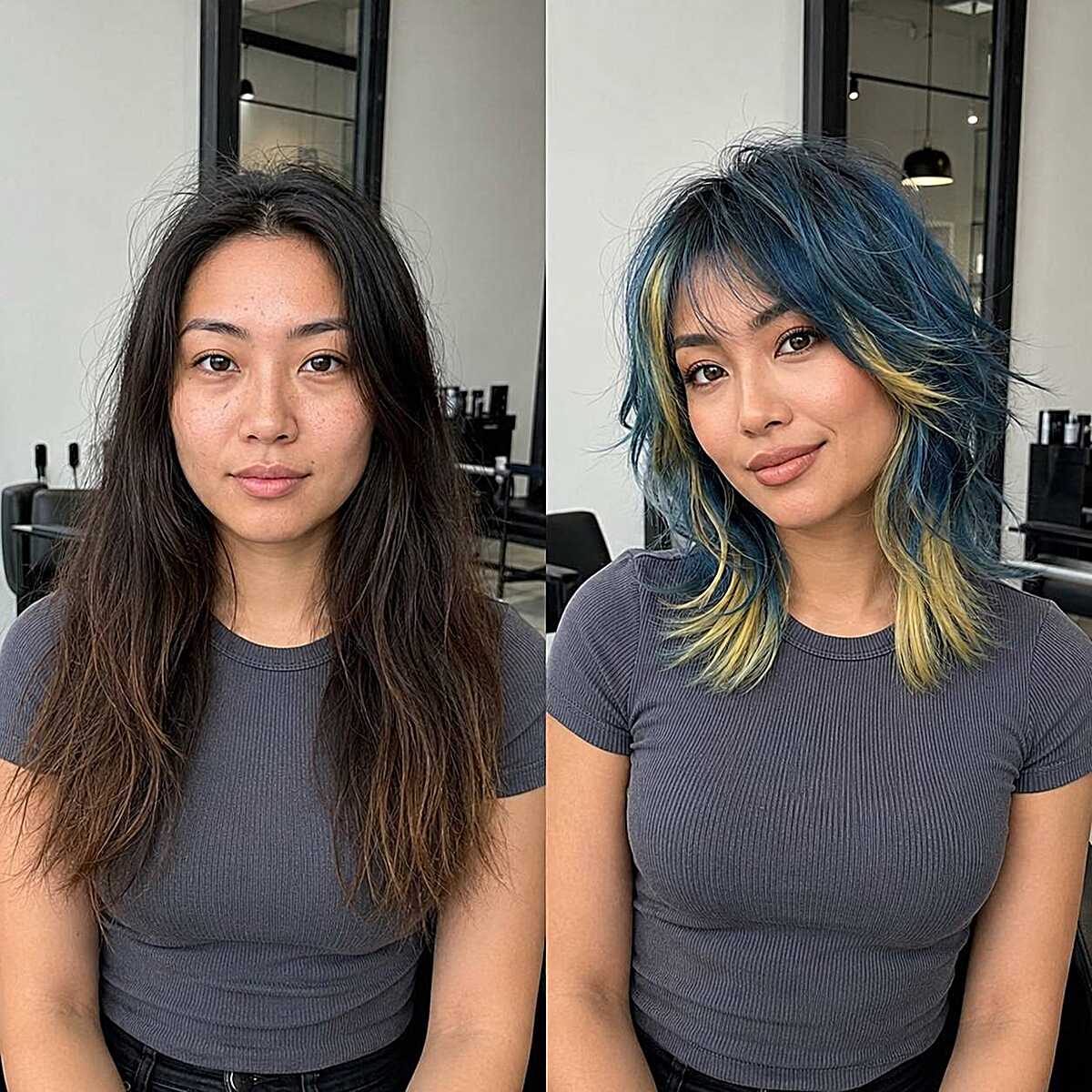 Before and after: brown to teal and yellow layered shag bob