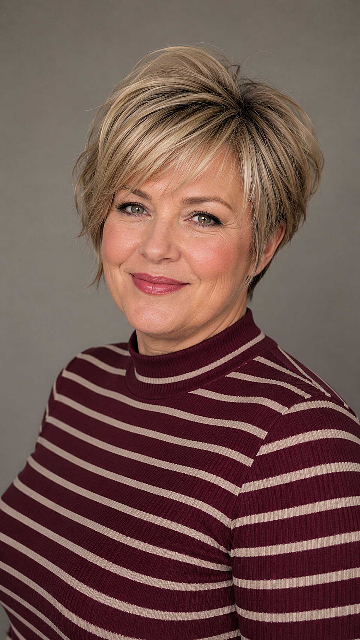 Textured blonde pixie cut with piecy side-swept bangs