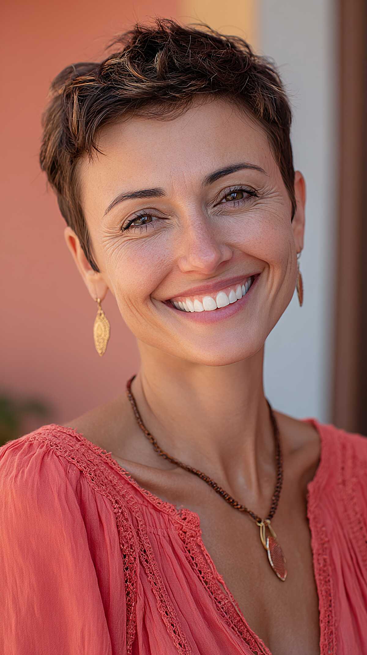 Tousled Brunette Pixie with Sun-Kissed Highlights