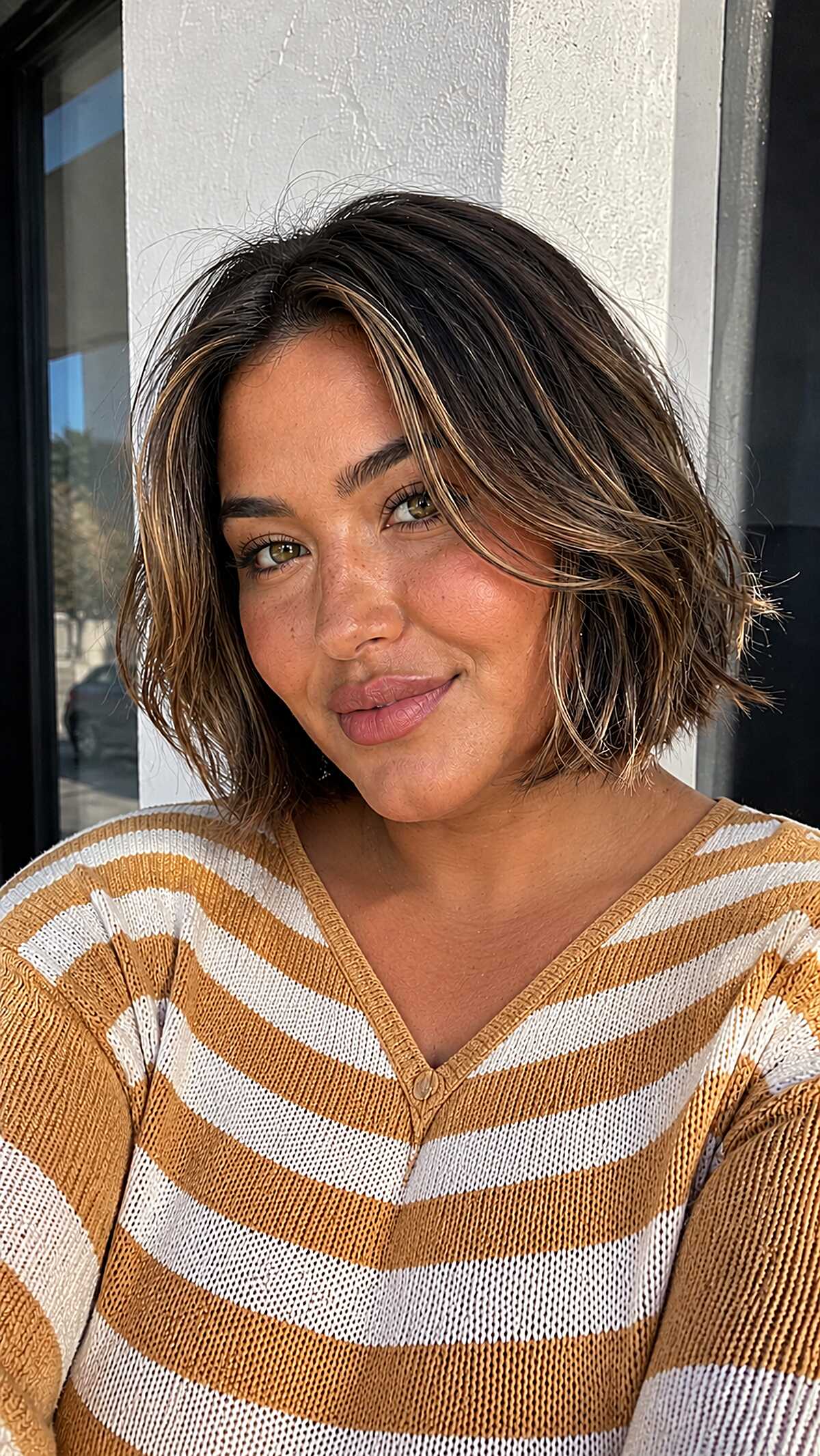Tousled Dark Brunette Jaw Bob with Caramel Ribbon Highlights