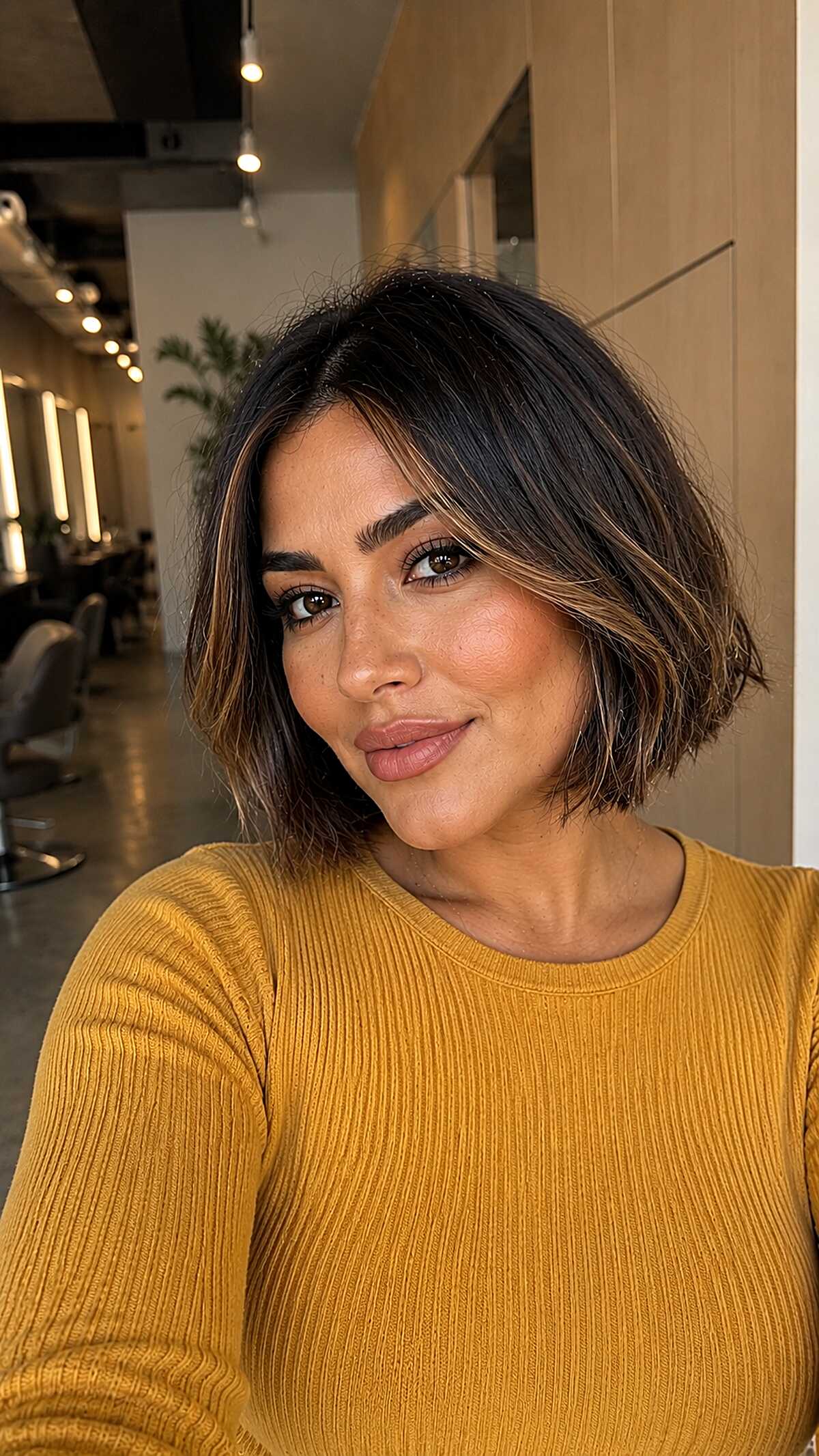 Undone Dark Jaw Bob with Warm Honey Peek-a-Boo Ends