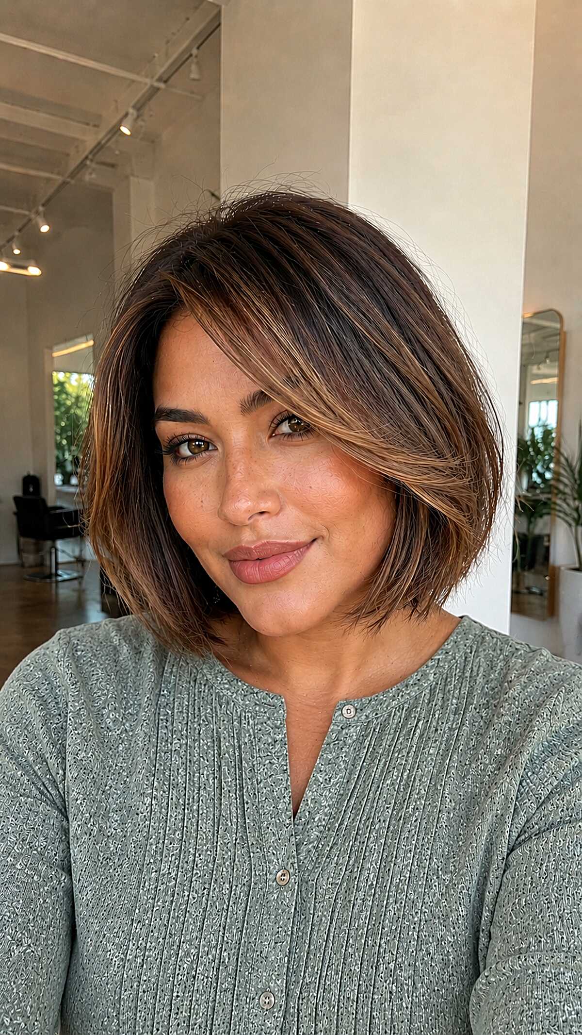 Warm Brunette Jaw Bob with Copper-Kiss Face Framing