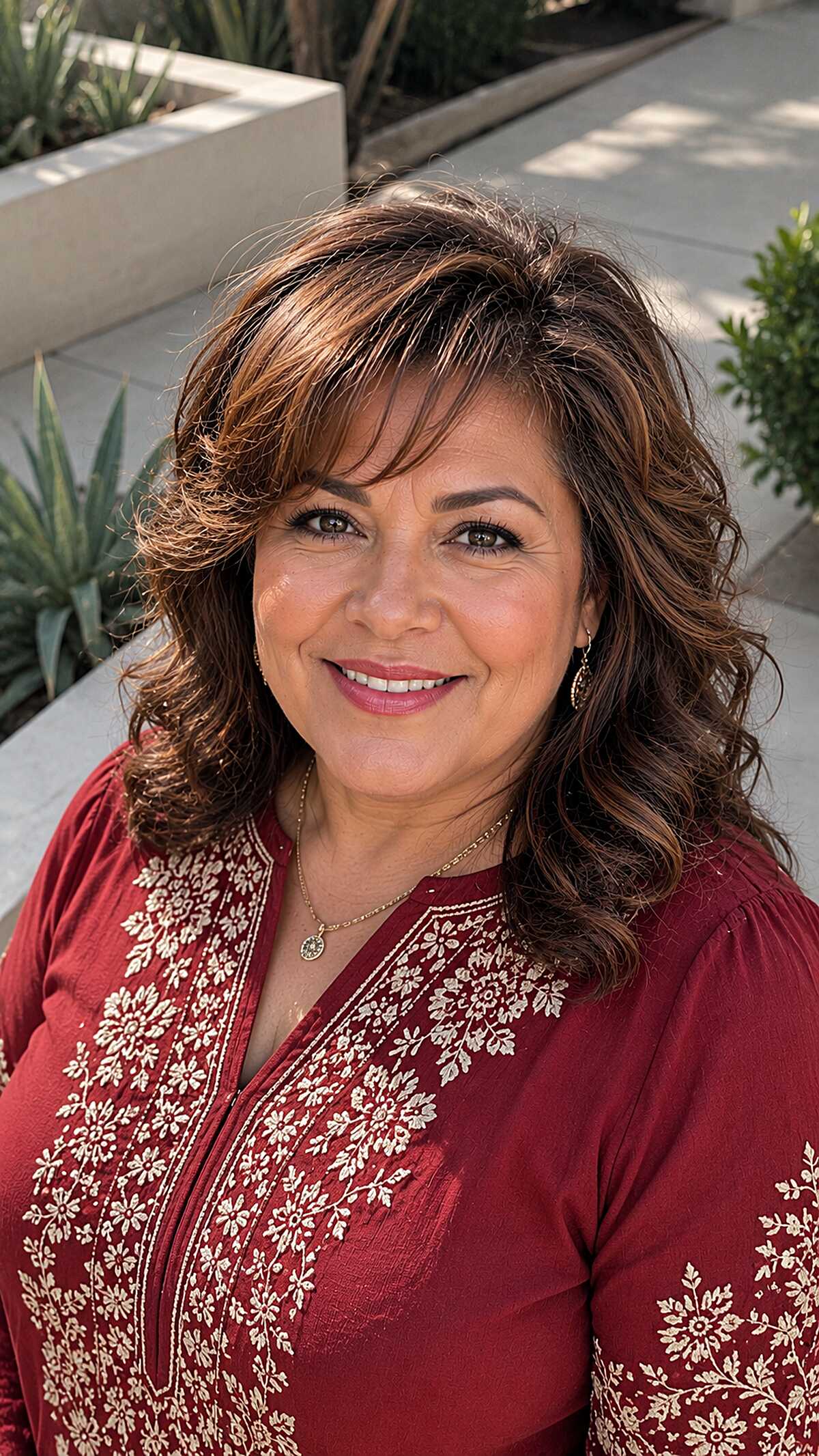 Warm brunette shag with caramel face-framing highlights