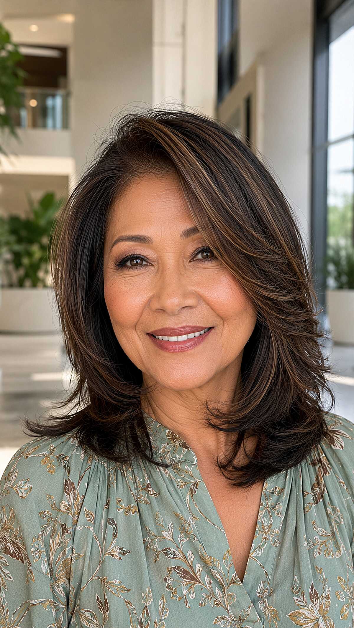 Warm Brunette Shoulder Cut with Flipped Layered Ends