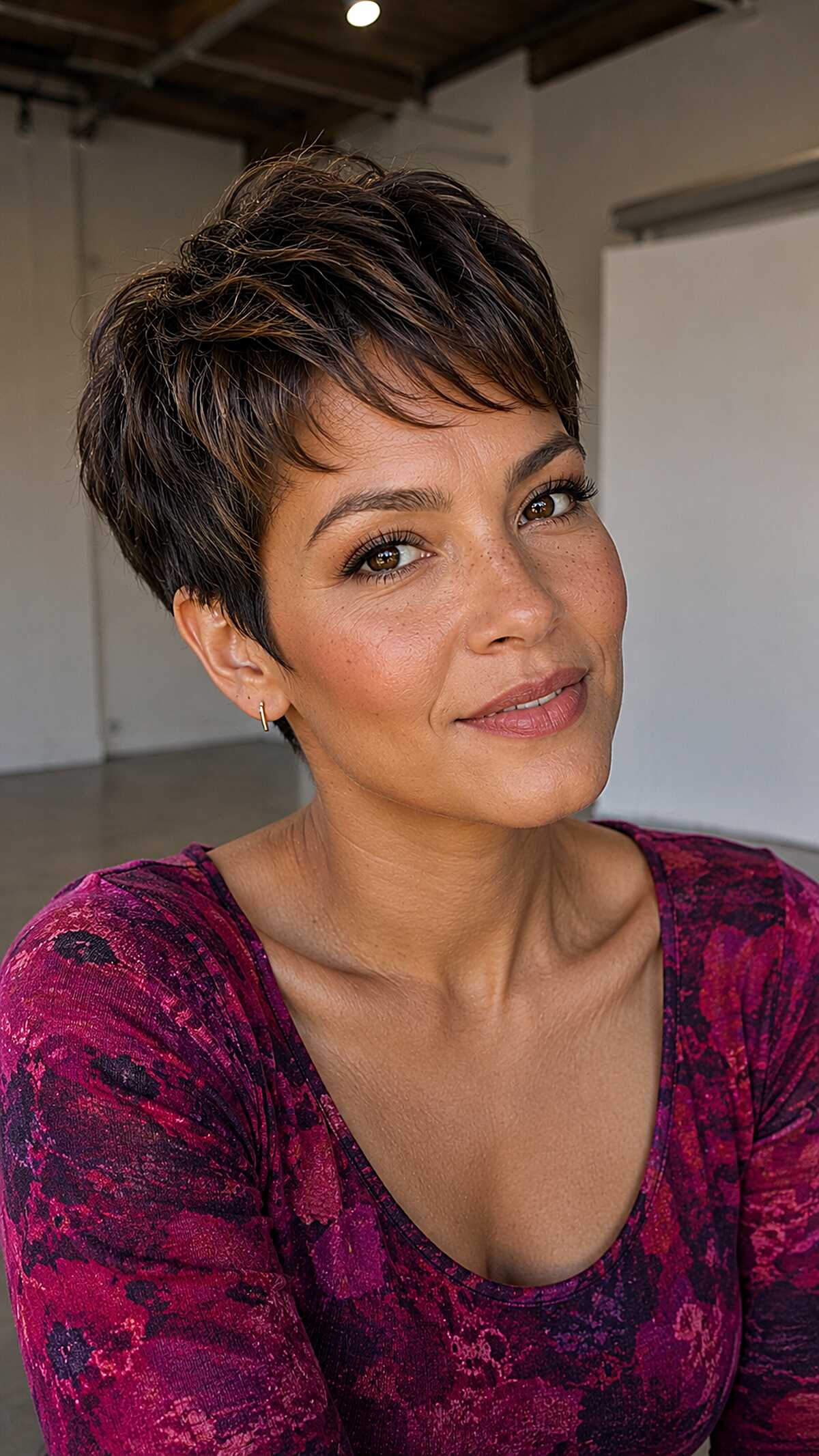 Warm brunette textured micro pixie with wispy layers