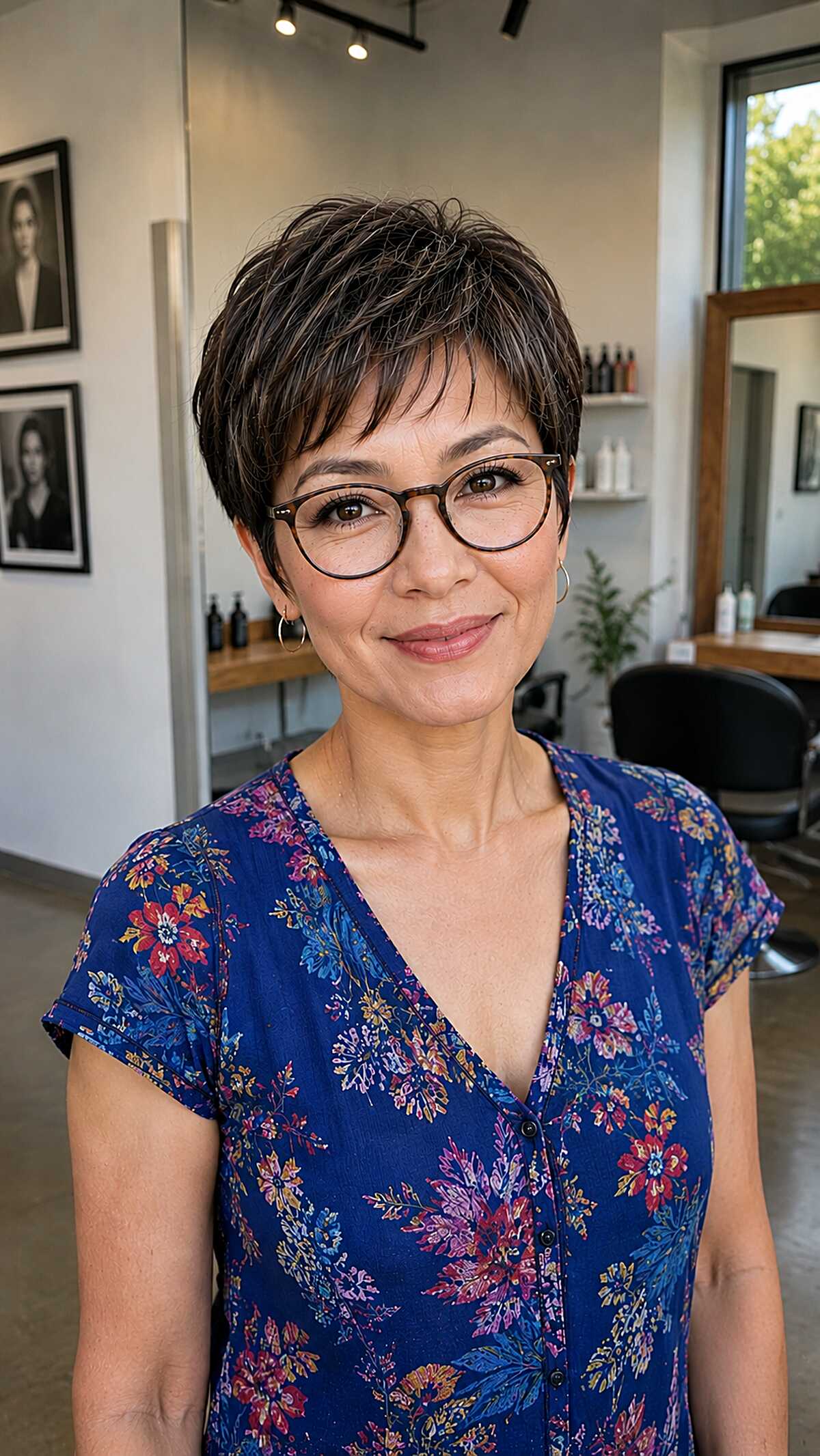 Wispy brunette micro pixie with soft choppy layers
