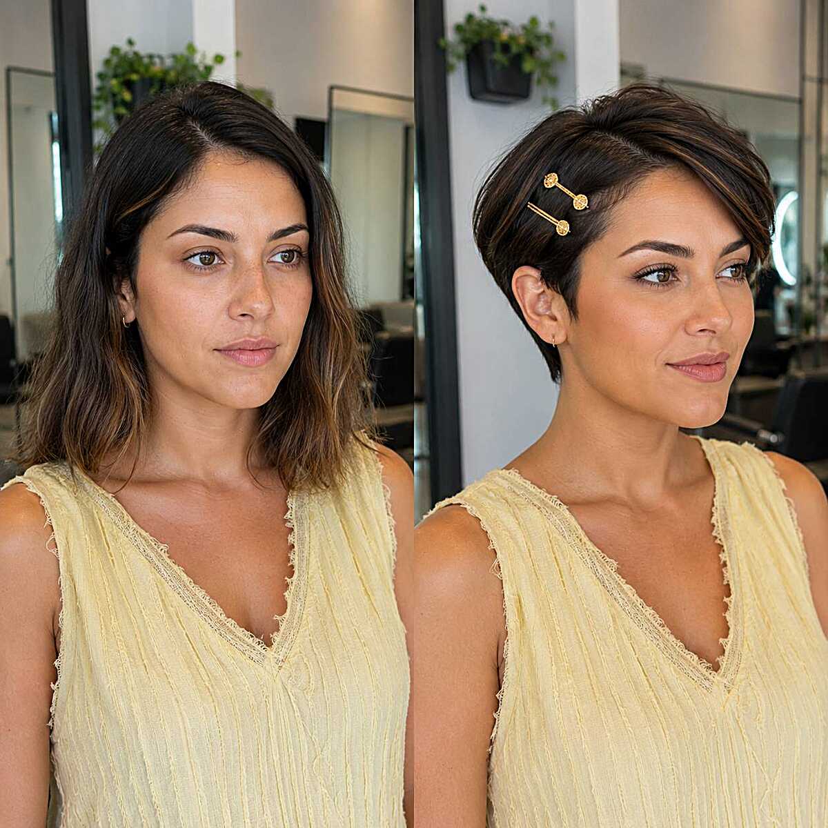 Before and after big chop to a pixie with pins