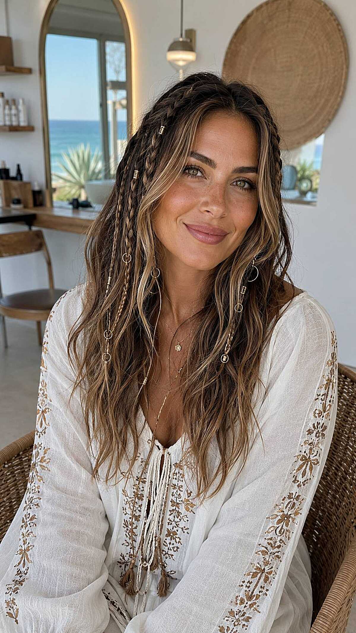 Wavy brunette hair with accent braids and gold charms