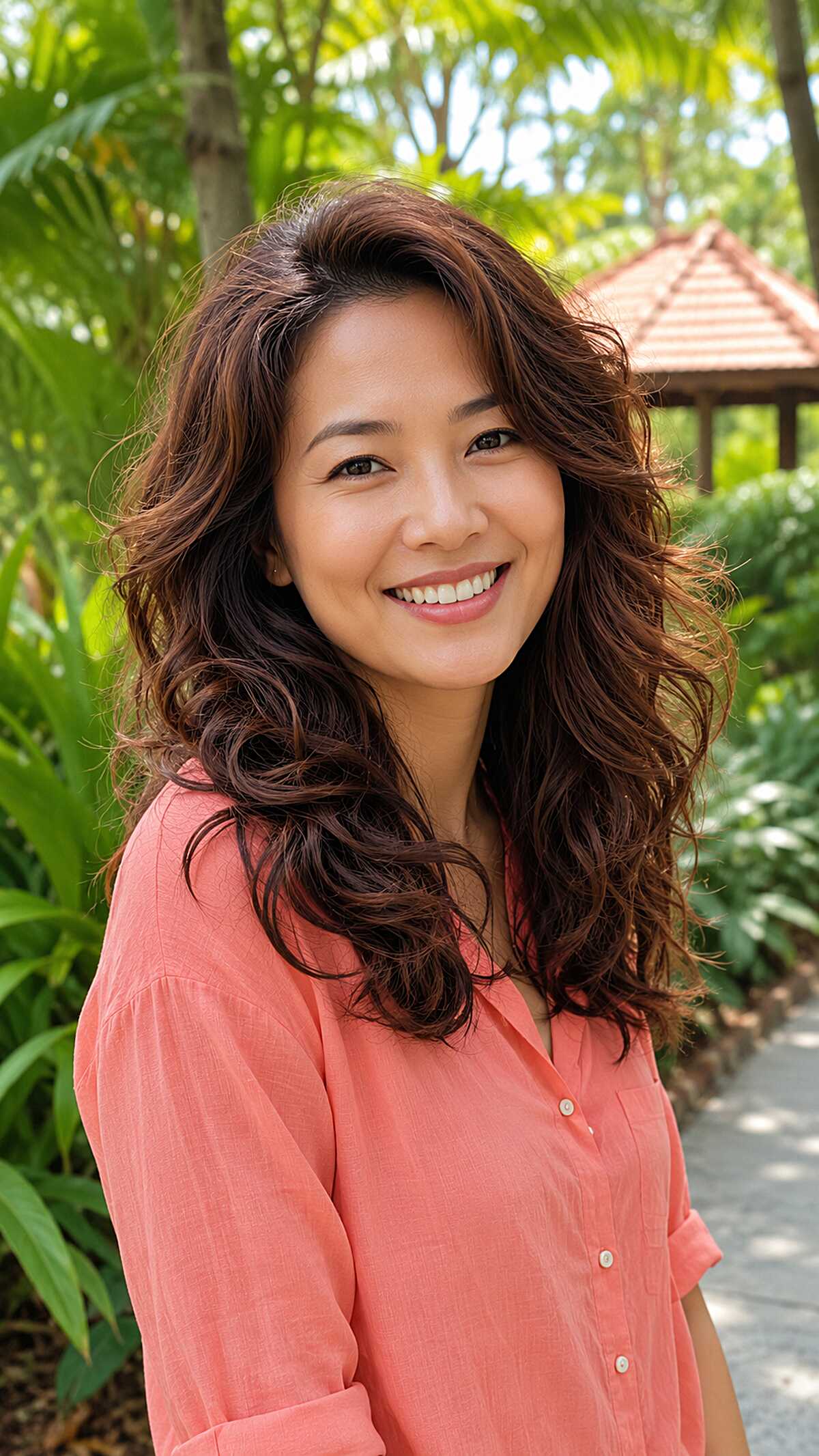 Chest-Length Dark Chocolate Curls with Curtain-Swept Layered Volume