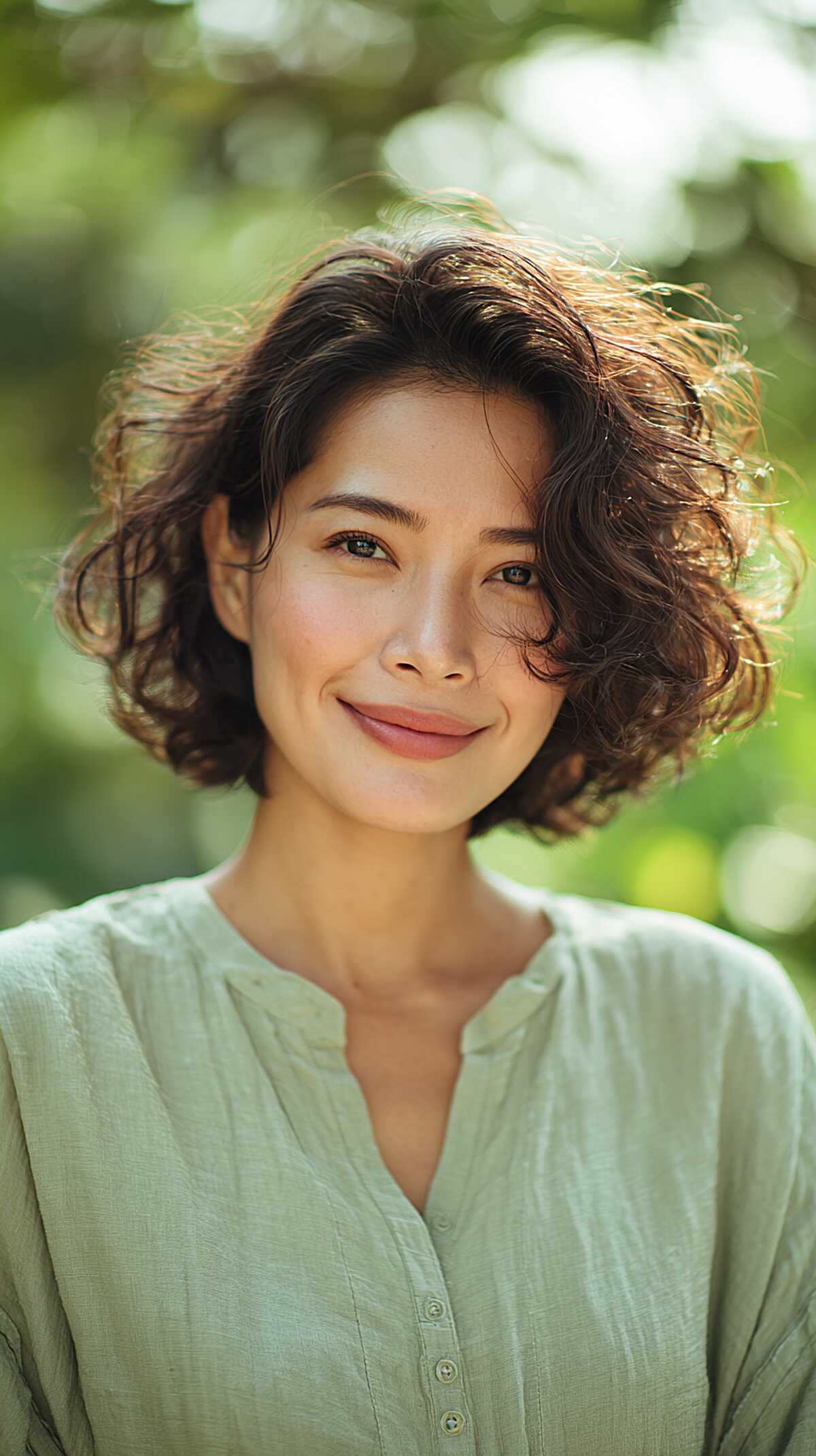 Chin-Length Brunette Curly Bob with Windswept Layered Texture